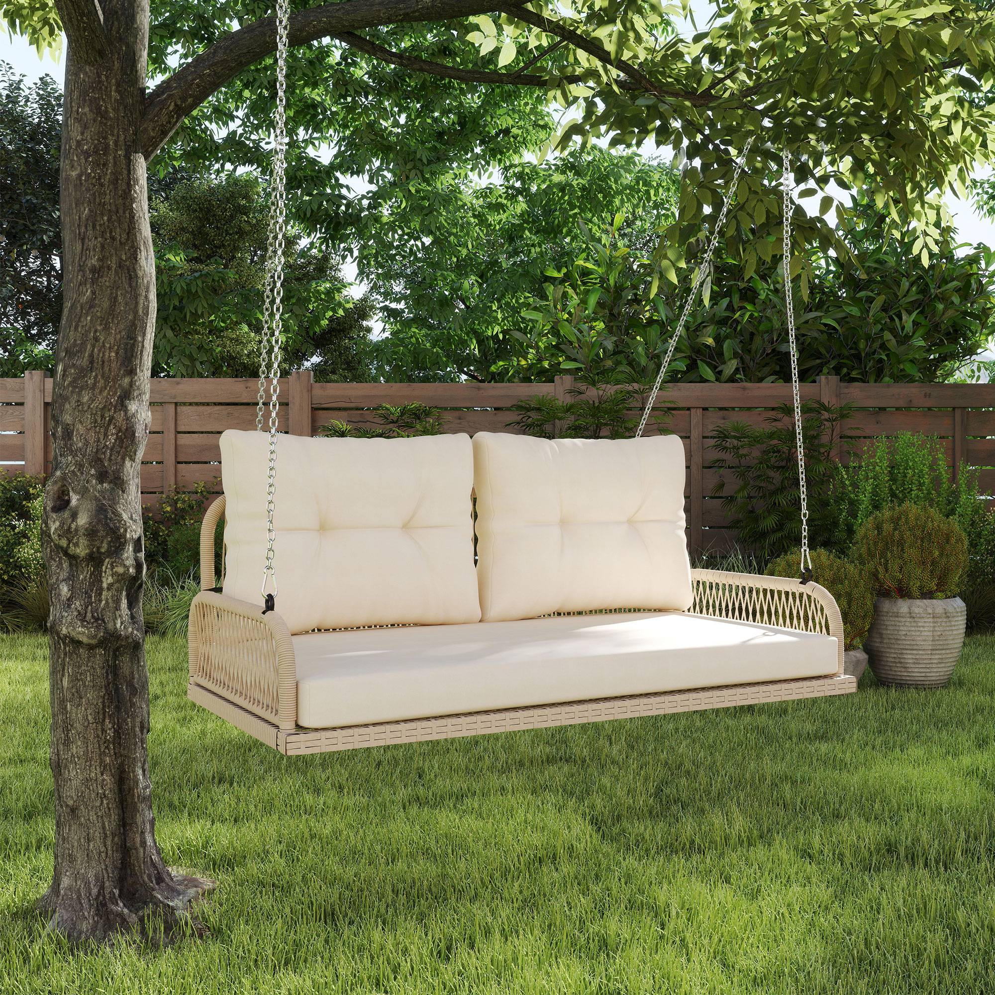 Banc suspendu extérieur 2 places jardin balancelle résine tressée avec coussins 115cm beige - ComfortXL Outdoor Living - Image 4