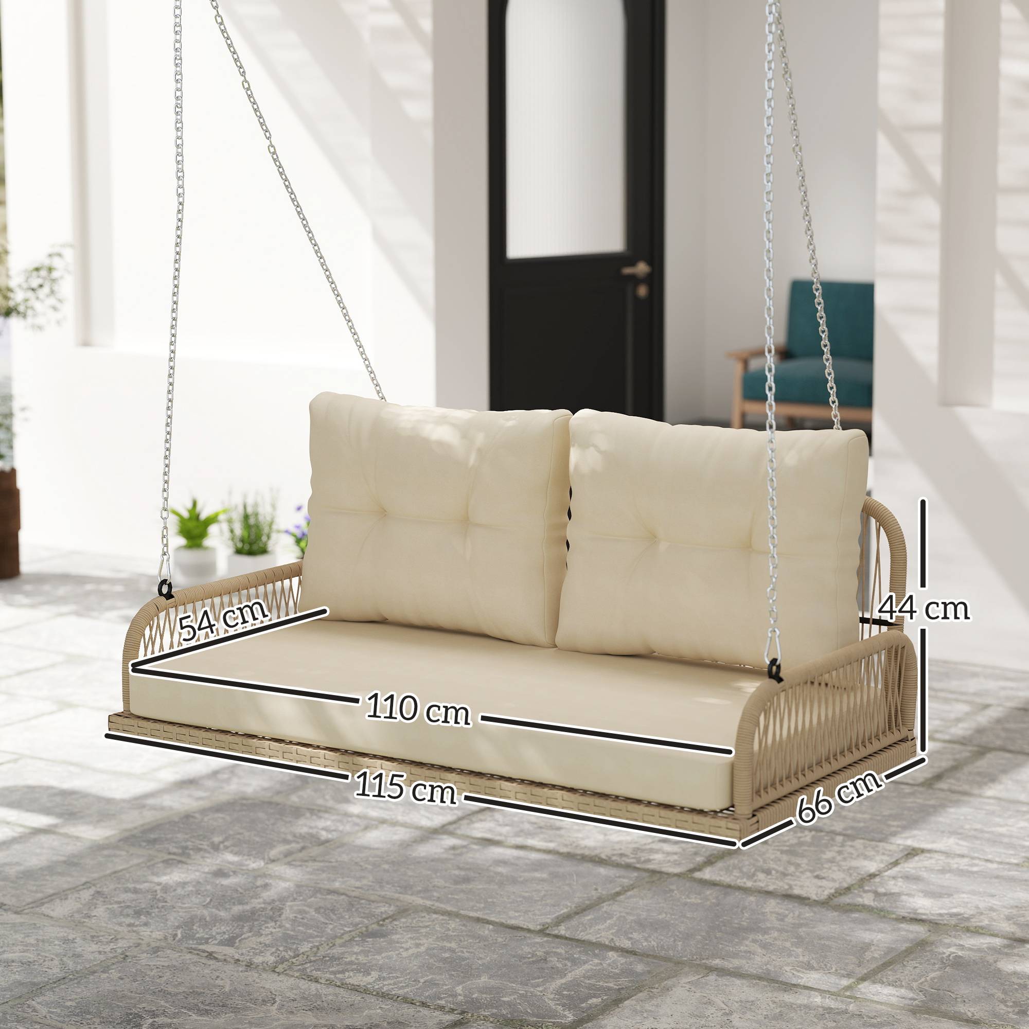 Banc suspendu extérieur 2 places jardin balancelle résine tressée avec coussins 115cm beige - ComfortXL Outdoor Living - Image 5