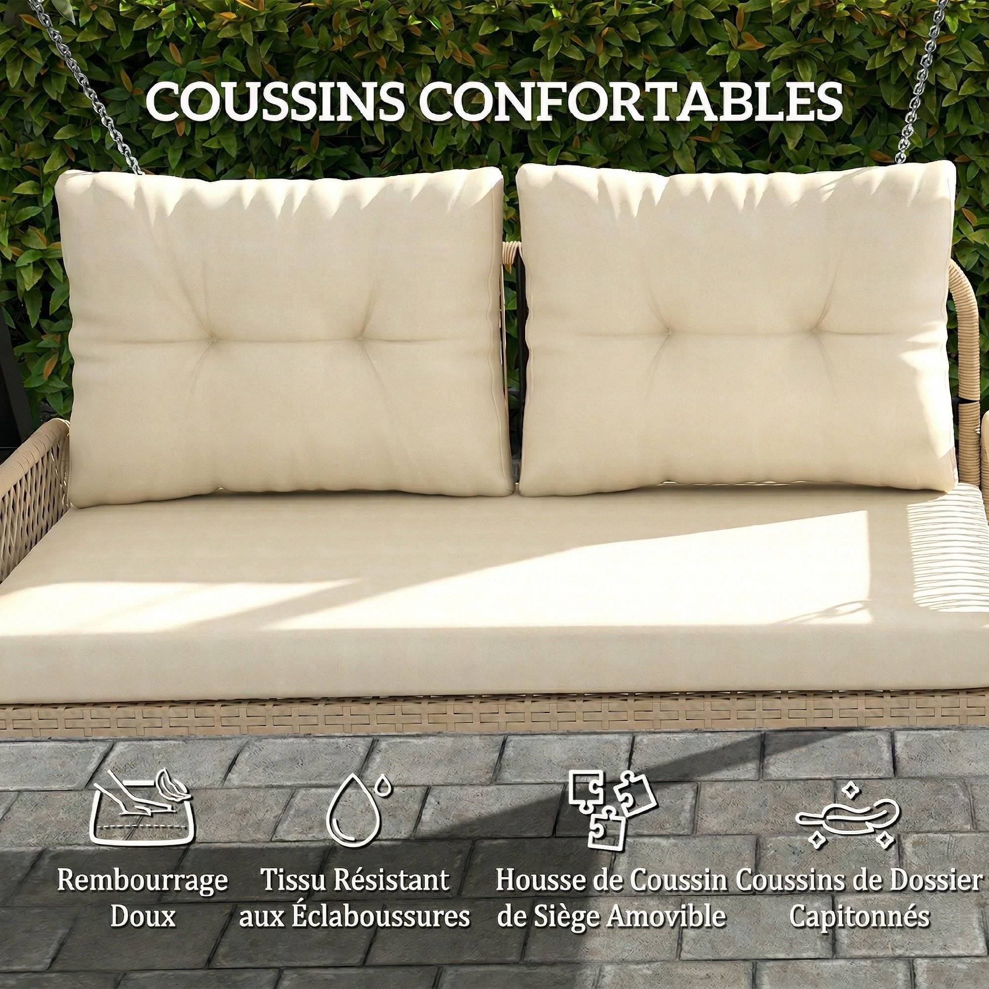 Banc suspendu extérieur 2 places jardin balancelle résine tressée avec coussins 115cm beige - ComfortXL Outdoor Living - Image 7