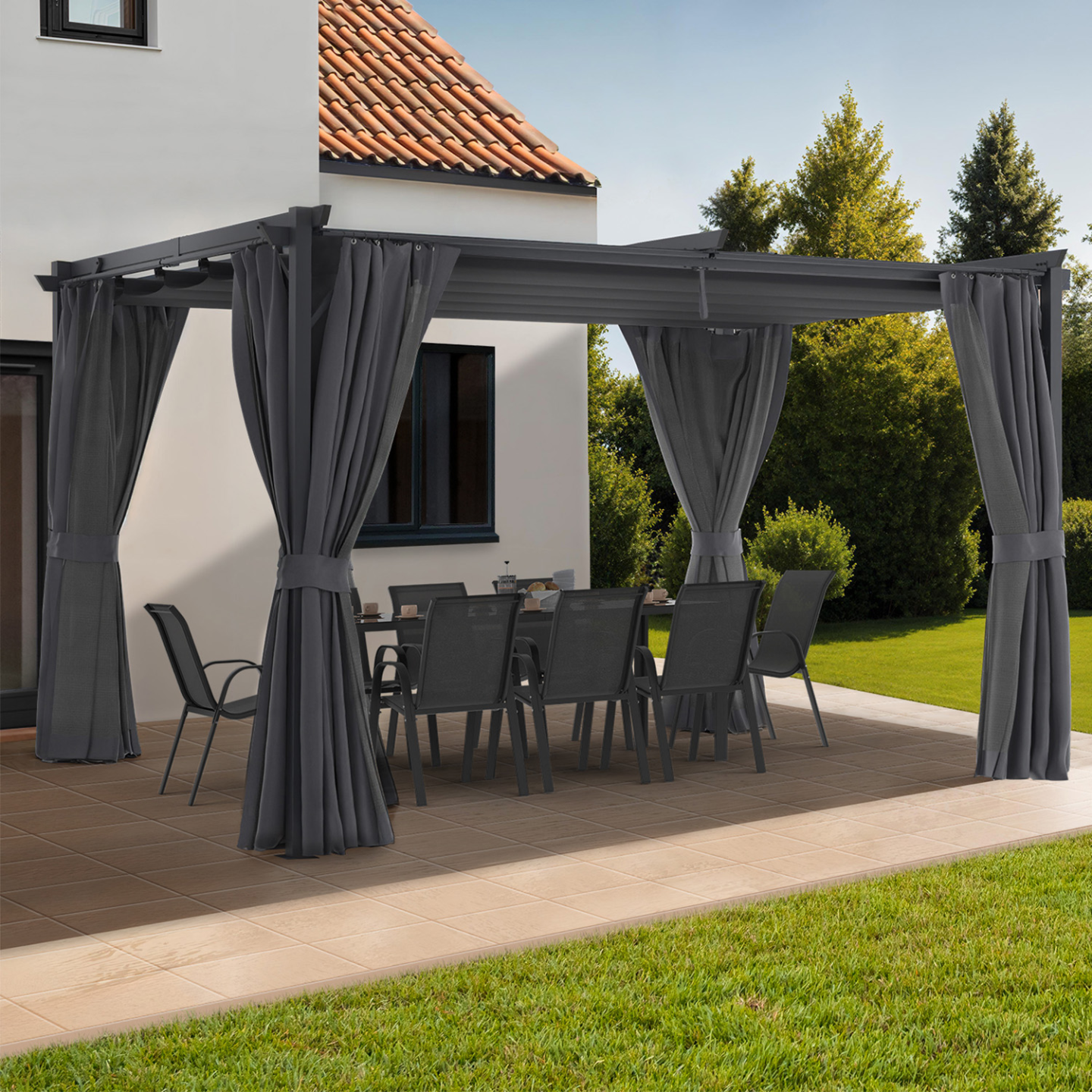 Pergola édition intégrale moustiquaire toit rétractable 3x4M et 4 rideaux gris - Imagen 4