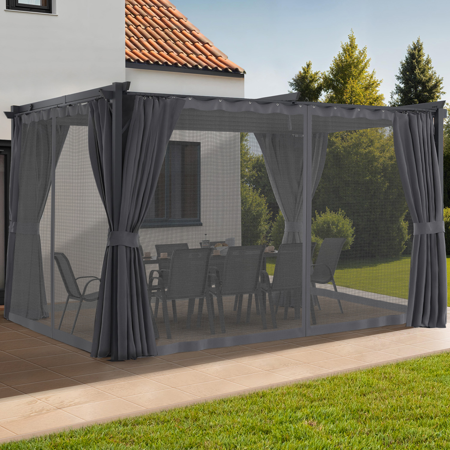 Pergola édition intégrale moustiquaire toit rétractable 3x4M et 4 rideaux gris - Imagen 1