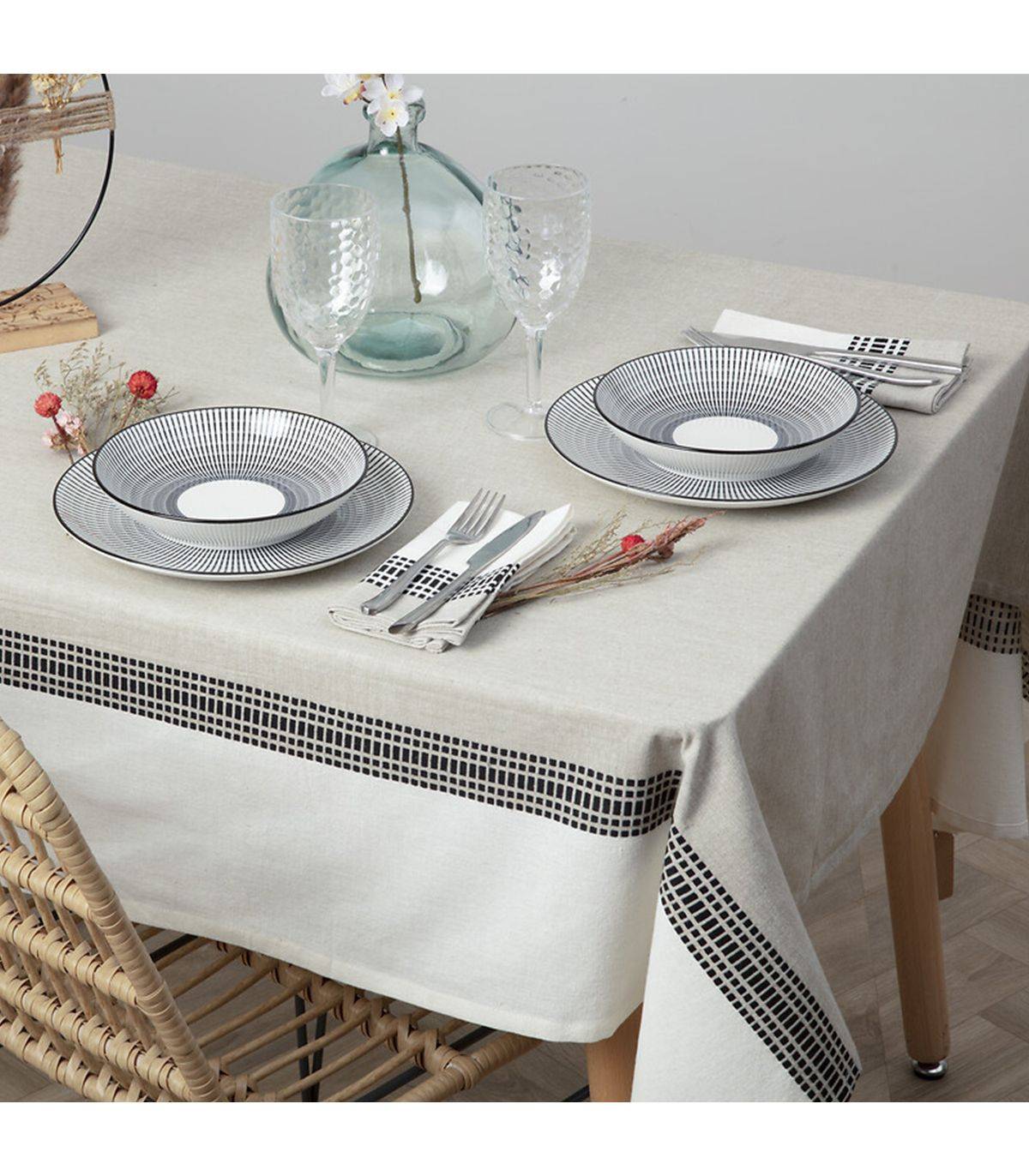 Nappe en coton bicolore Beige Lin et Blanc 150 x 250 cm - Imagen 3
