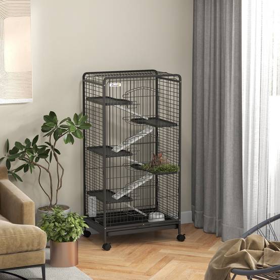 Grande Cage Métal Furets Lapins 5 Plateformes Sur Roulettes 61x44x131cm Noir - ComfortXL Outdoor Living - Image 4