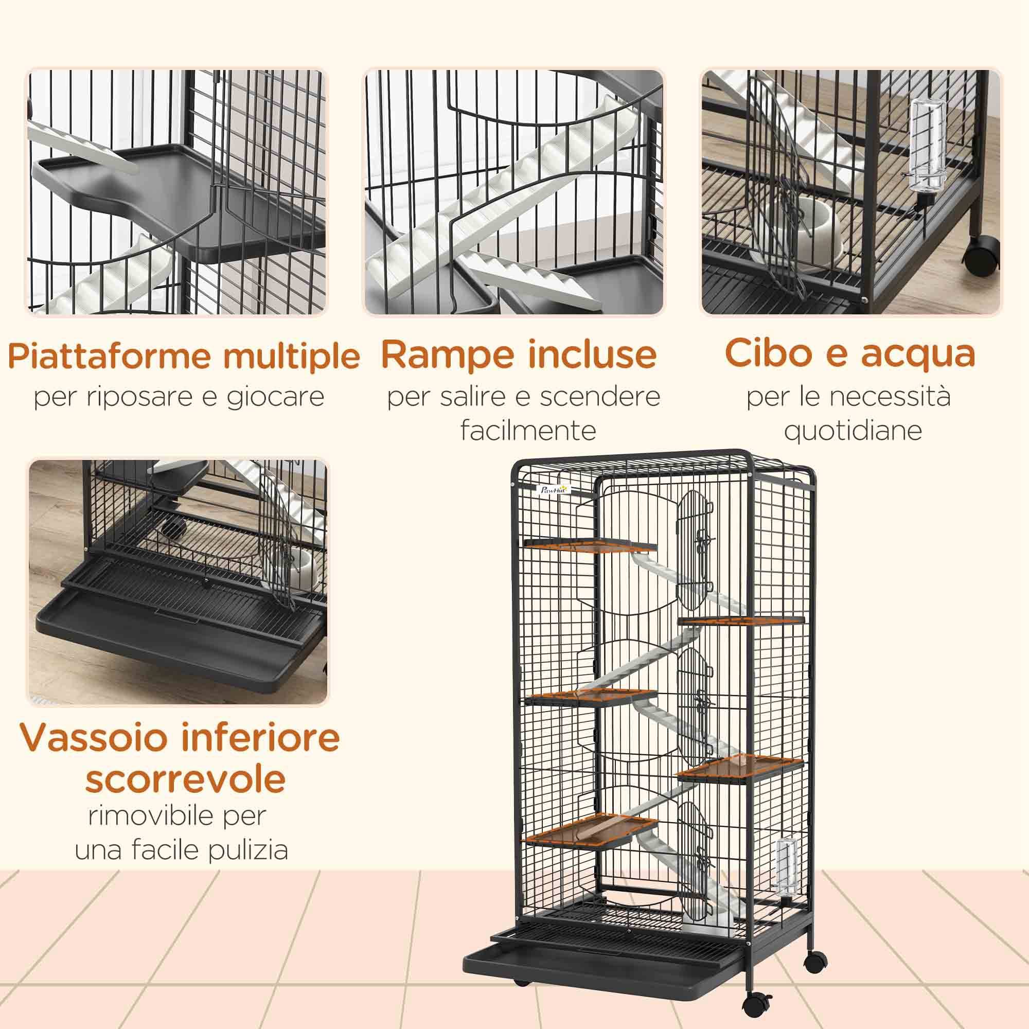 Grande Cage Métal Furets Lapins 5 Plateformes Sur Roulettes 61x44x131cm Noir - ComfortXL Outdoor Living - Image 8