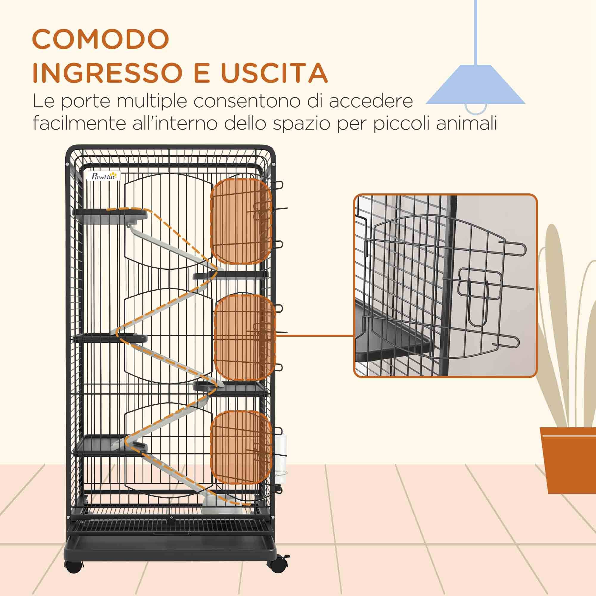 Grande Cage Métal Furets Lapins 5 Plateformes Sur Roulettes 61x44x131cm Noir - ComfortXL Outdoor Living - Image 9