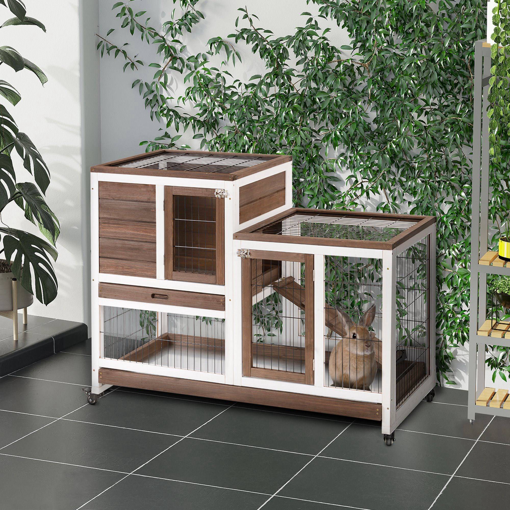 ComfortXL - Clapier Intérieur à 2 Étages en Bois sur Roulettes pour Rongeurs 110 cm Marron - ComfortXL Outdoor Living - Image 4