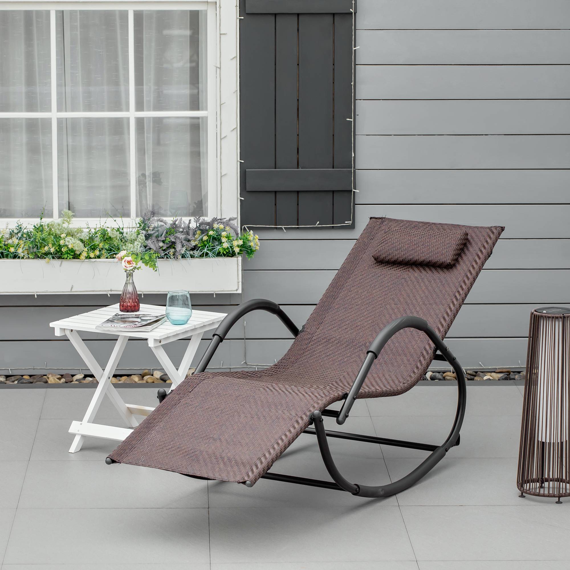 Outsunny - Chaise longue à bascule rocking chair design contemporain dim. 160L x 61l x 79H cm métal textilène brun - Outsunny - Imagen 2