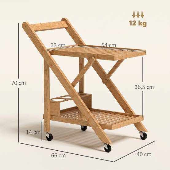Sans Marque - Desserte cuisine bambou chariot service pliable 2 plateaux 4 roues 3 casiers vin 66x40x70 cm bois naturel - Image 5