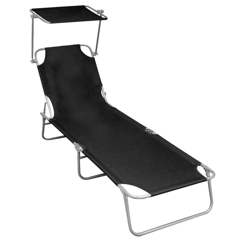 Helloshop26 - Transat chaise longue bain de soleil lit de jardin terrasse meuble d'extérieur pliable avec auvent noir aluminium - Imagen 1