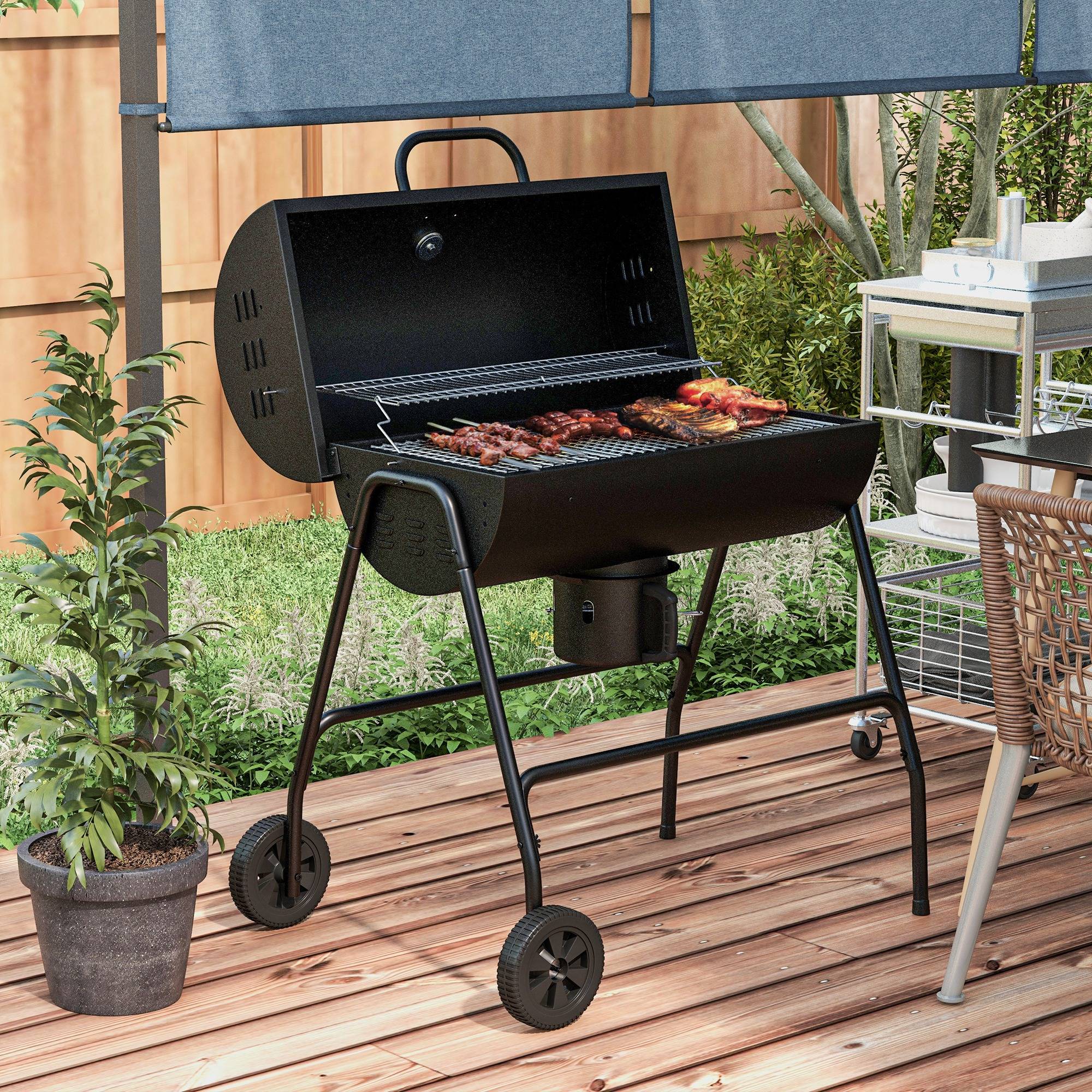 ComfortXL - Barbecue charbon métal jardin avec couvercle thermomètre et roulettes noir 95x71cm - ComfortXL Outdoor Living - Image 1
