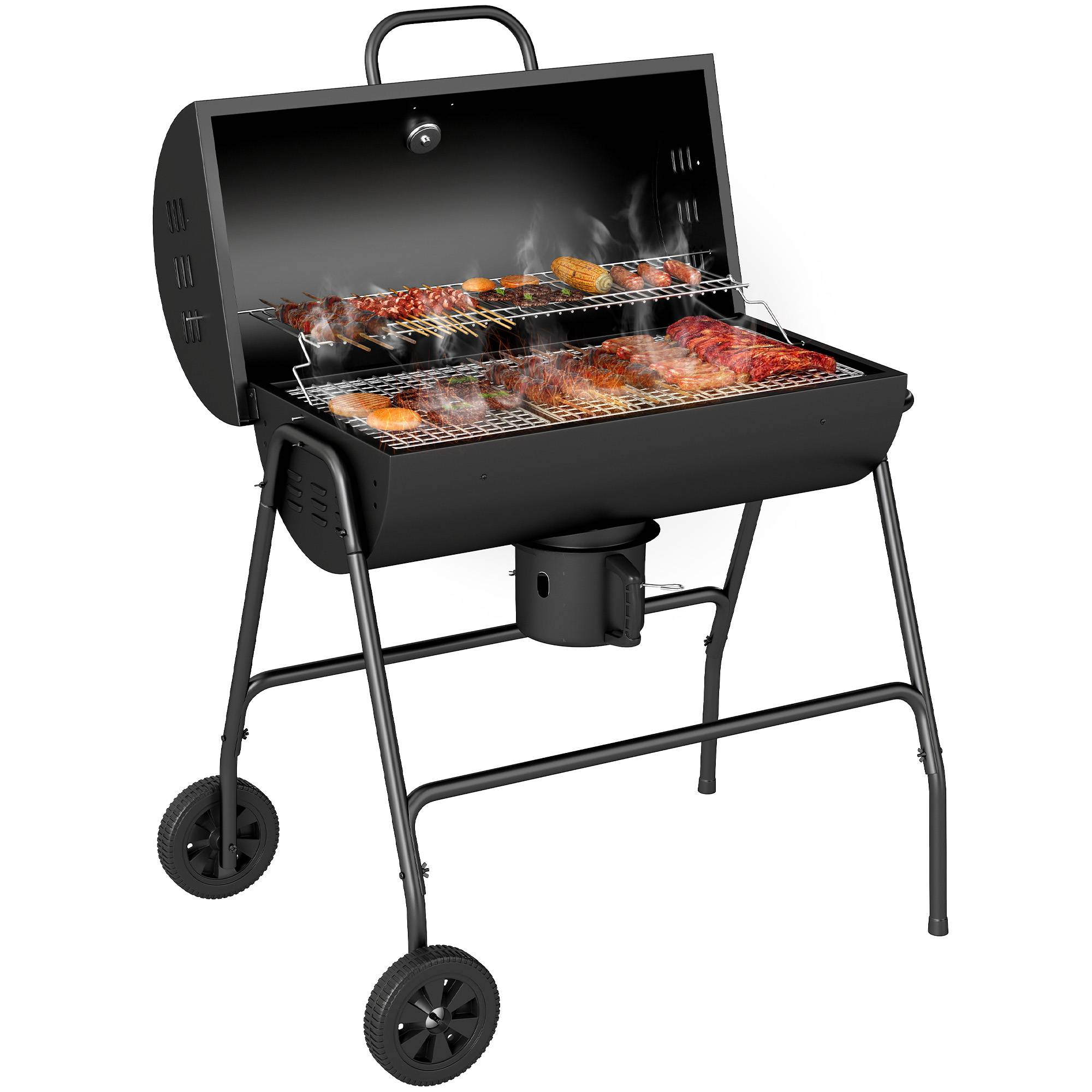 ComfortXL - Barbecue charbon métal jardin avec couvercle thermomètre et roulettes noir 95x71cm - ComfortXL Outdoor Living - Image 2