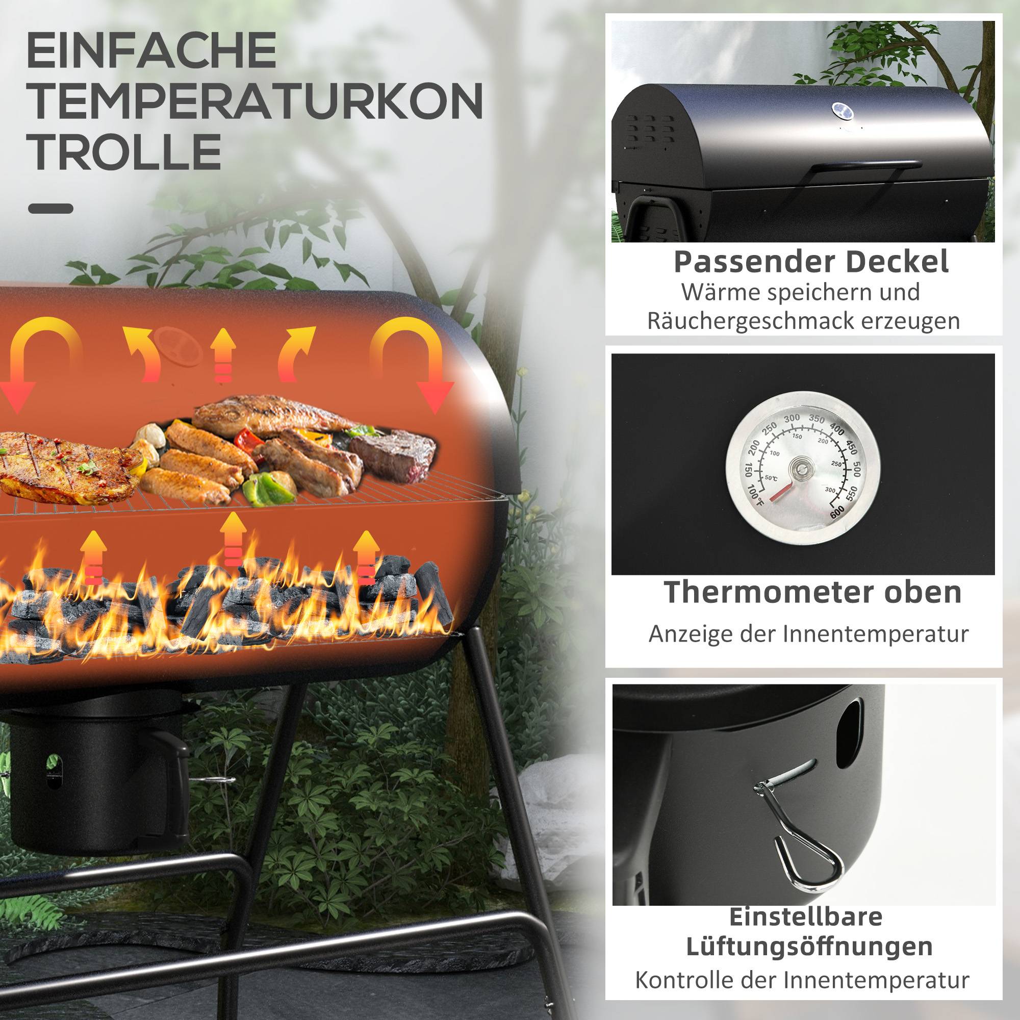 ComfortXL - Barbecue charbon métal jardin avec couvercle thermomètre et roulettes noir 95x71cm - ComfortXL Outdoor Living - Image 6