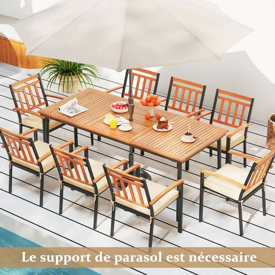 Table de Jardin 200 CM pour 8 Personnes Table Exterieur en Bois d’Acacia avec Trou de Parasol Dia.5 CM Plateau à Lattes Pieds en Métal F245R - Image 3