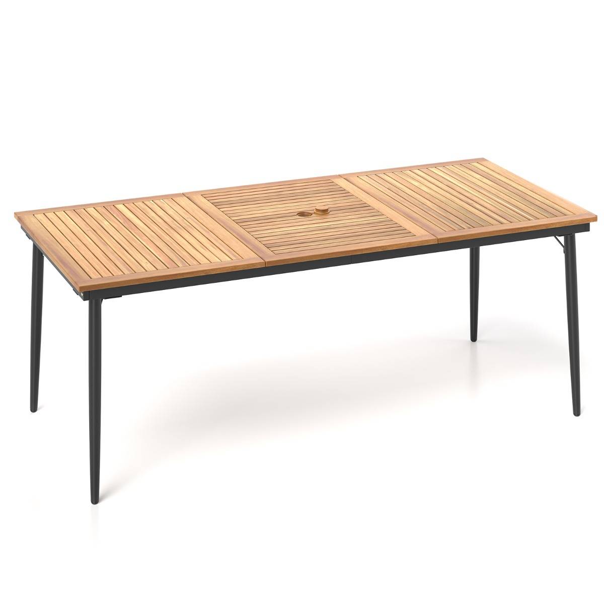 Table de Jardin 200 CM pour 8 Personnes Table Exterieur en Bois d’Acacia avec Trou de Parasol Dia.5 CM Plateau à Lattes Pieds en Métal F245R - Image 1