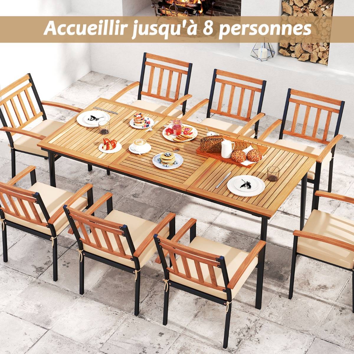 Table de Jardin 200 CM pour 8 Personnes Table Exterieur en Bois d’Acacia avec Trou de Parasol Dia.5 CM Plateau à Lattes Pieds en Métal F245R - Image 2