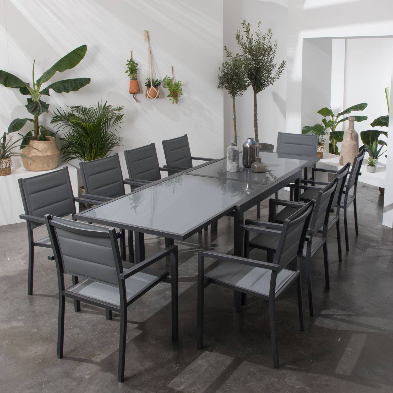 Salon de jardin LAMPEDUSA extensible en textilène gris 10 places - aluminium anthracite - HAPPY GARDEN - Imagen 2