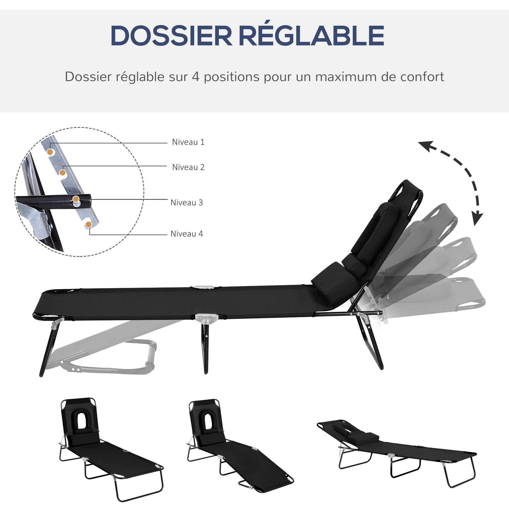 Transat de Jardin Chaise Longue Pliante Bain de Soleil pour Lecture Noir fr63 - Image 6
