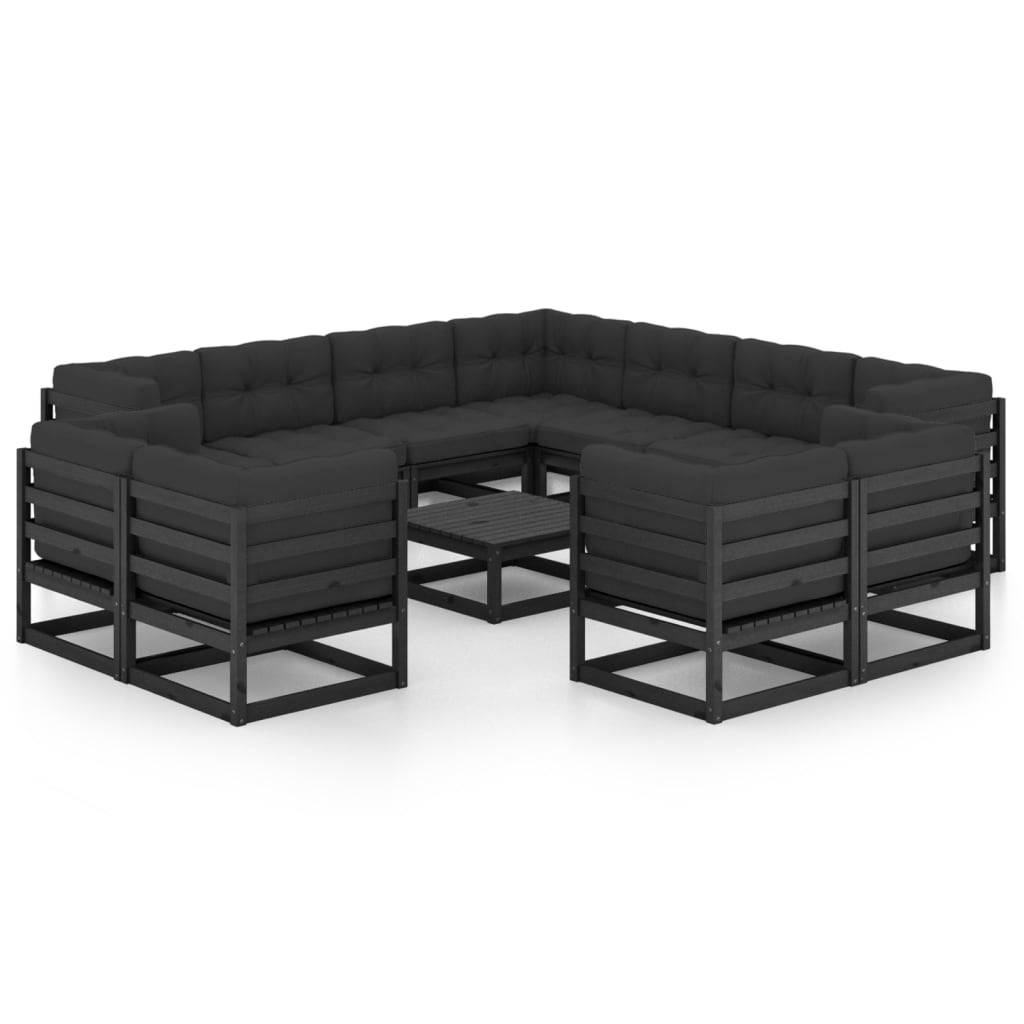 Helloshop26 - Salon de jardin meuble d'extérieur ensemble de mobilier 12 pièces avec coussins noir bois de pin massif - Imagen 2