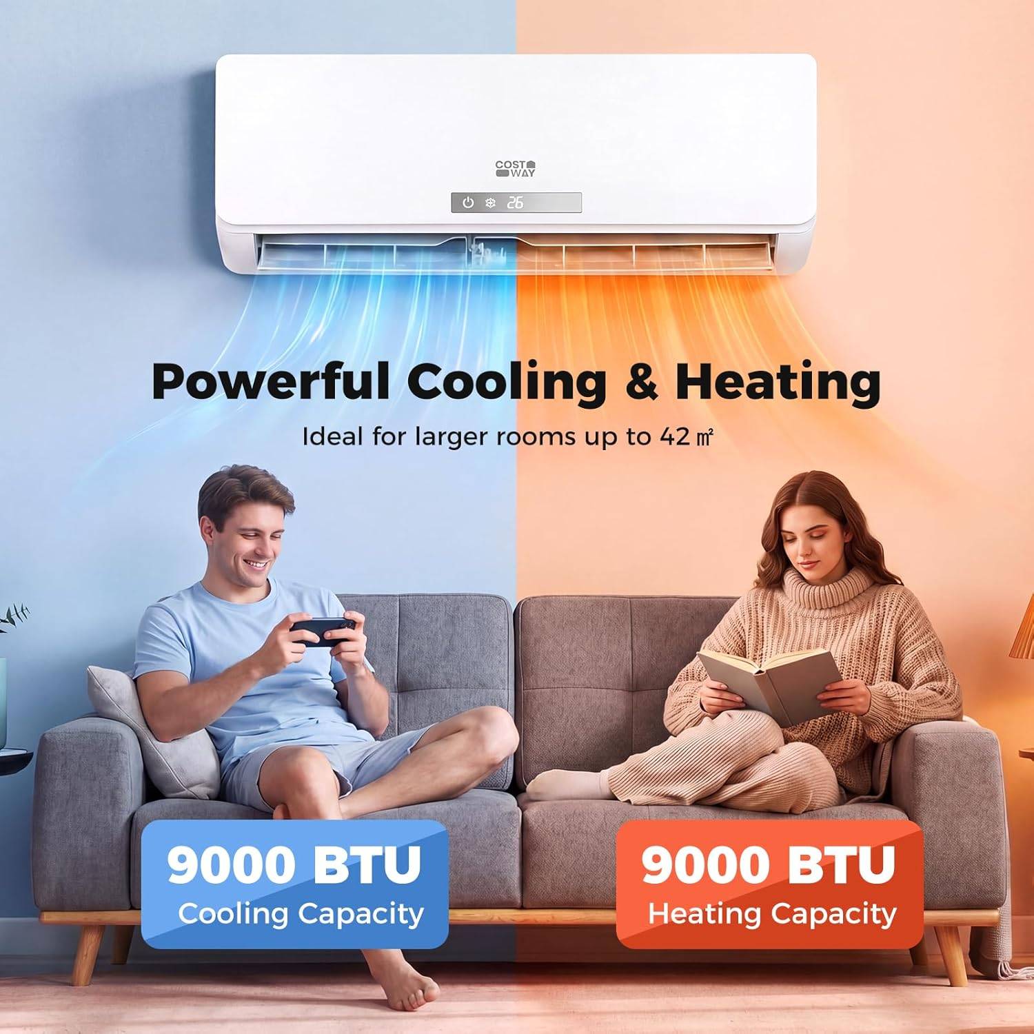 COSTWAY Climatiseur Reversible 9000 BTU 2,6 KW, Climatiseur Split R32 ...