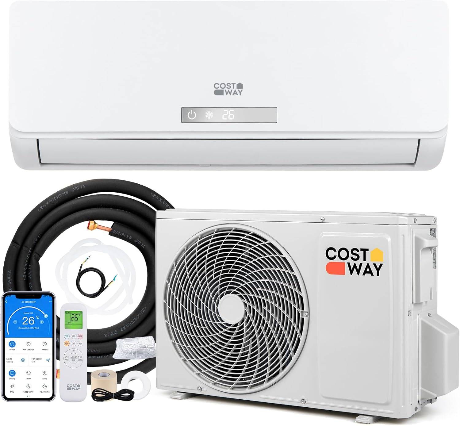 COSTWAY Climatiseur Reversible 9000 BTU 2,6 KW, Climatiseur Split R32, Chauffage, Refroidissement,Silencieux 19 dB,[Classe énergétique A+++] - Image 1