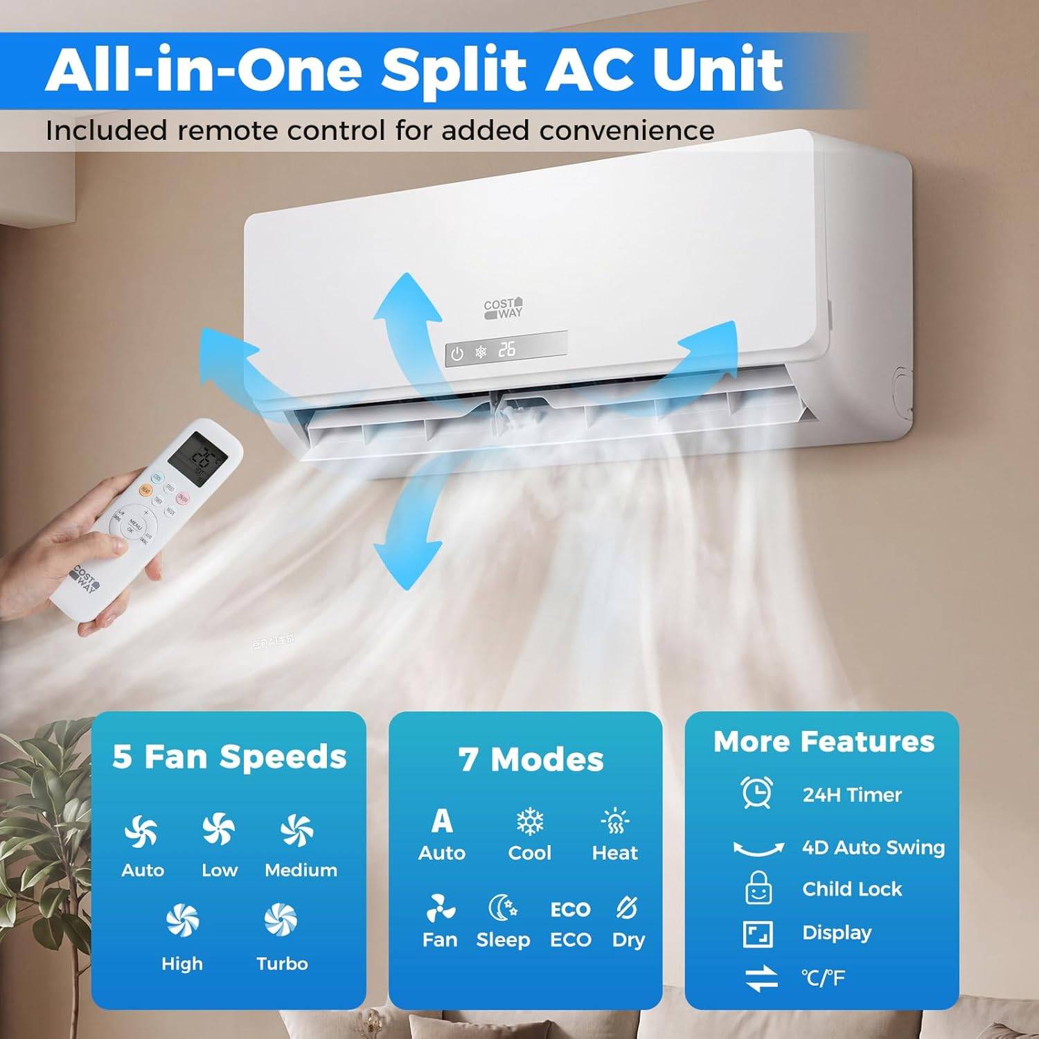 COSTWAY Climatiseur Reversible 9000 BTU 2,6 KW, Climatiseur Split R32, Chauffage, Refroidissement,Silencieux 19 dB,[Classe énergétique A+++] - Image 2