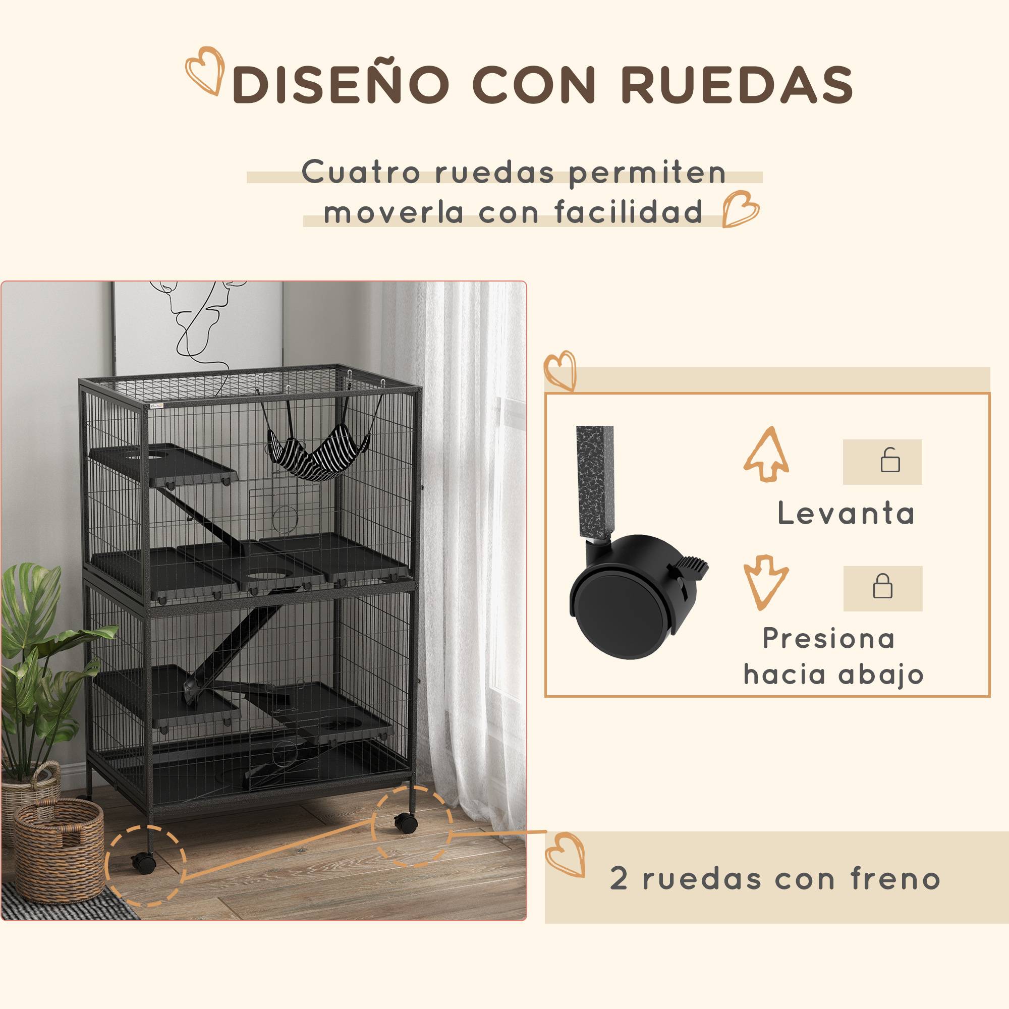Cage pour petits animaux avec roues, rampes, hamac et bac amovible pour chinchillas, furets 80x52x128 cm Gris - Image 7