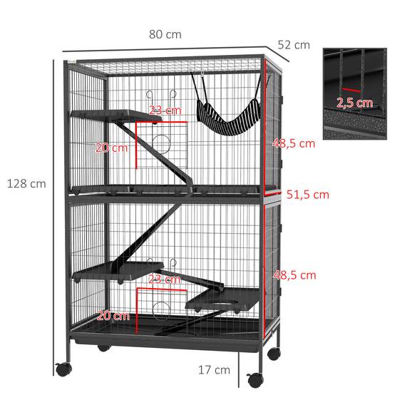 Cage pour petits animaux avec roues, rampes, hamac et bac amovible pour chinchillas, furets 80x52x128 cm Gris - Image 5