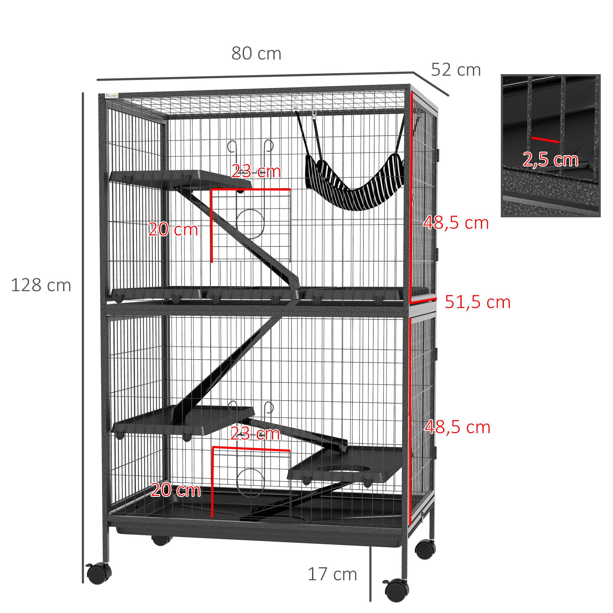 Cage pour petits animaux avec roues, rampes, hamac et bac amovible pour chinchillas, furets 80x52x128 cm Gris - Image 5