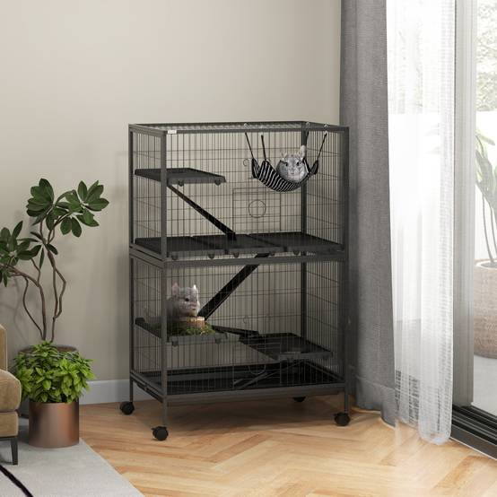 Cage pour petits animaux avec roues, rampes, hamac et bac amovible pour chinchillas, furets 80x52x128 cm Gris - Image 3