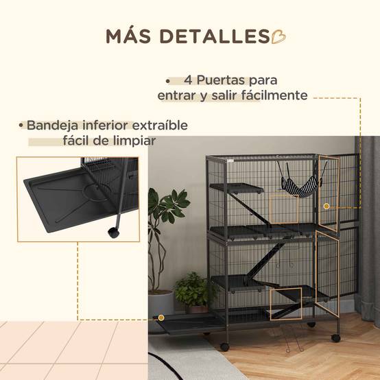 Cage pour petits animaux avec roues, rampes, hamac et bac amovible pour chinchillas, furets 80x52x128 cm Gris - Image 9