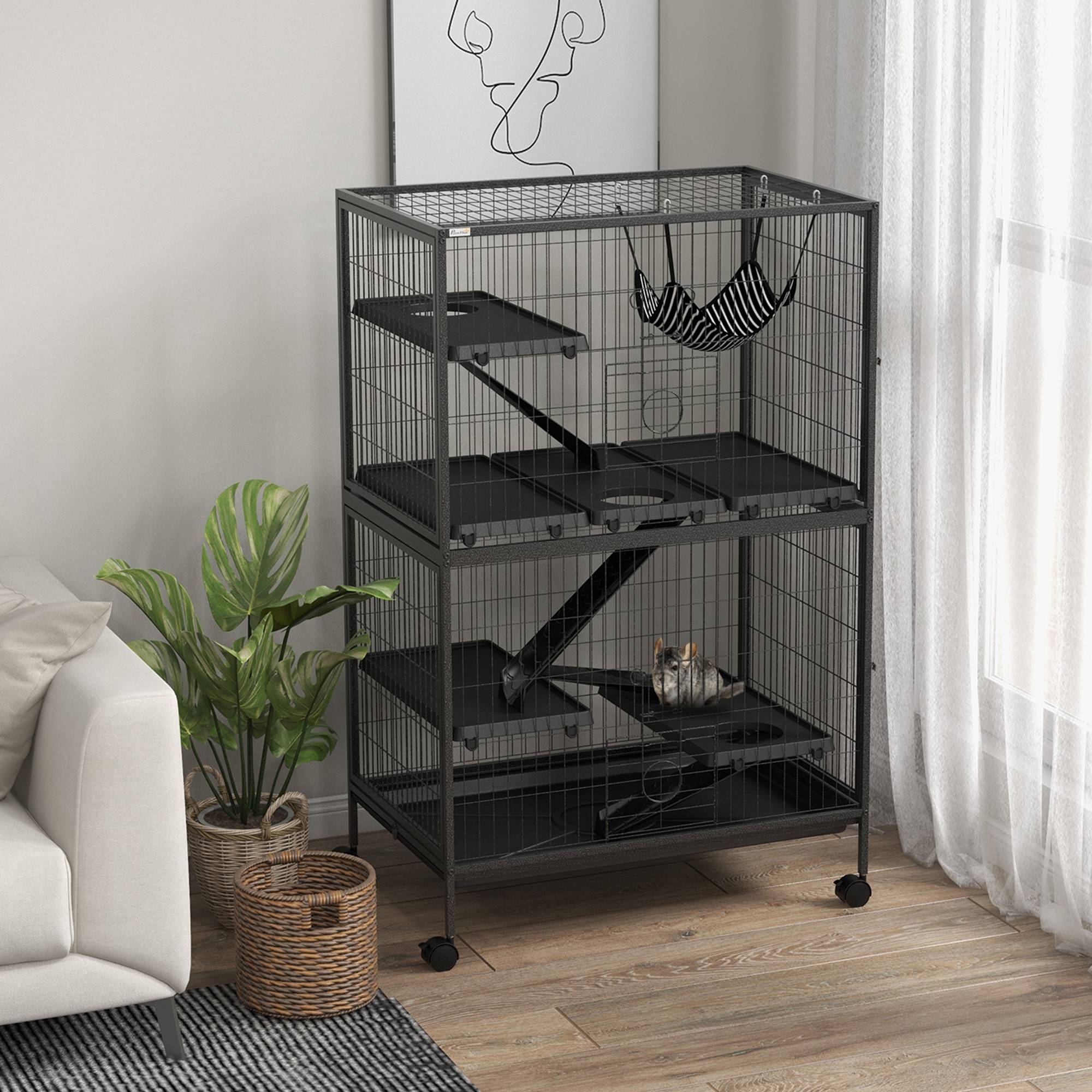Cage pour petits animaux avec roues, rampes, hamac et bac amovible pour chinchillas, furets 80x52x128 cm Gris - Image 4
