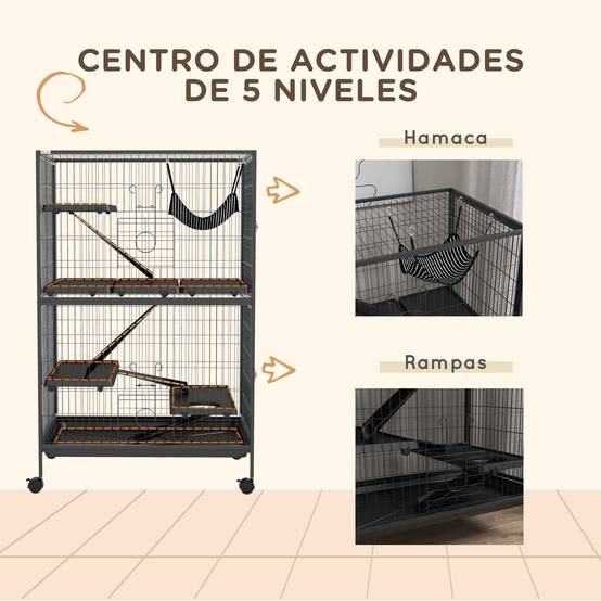 Cage pour petits animaux avec roues, rampes, hamac et bac amovible pour chinchillas, furets 80x52x128 cm Gris - Image 8