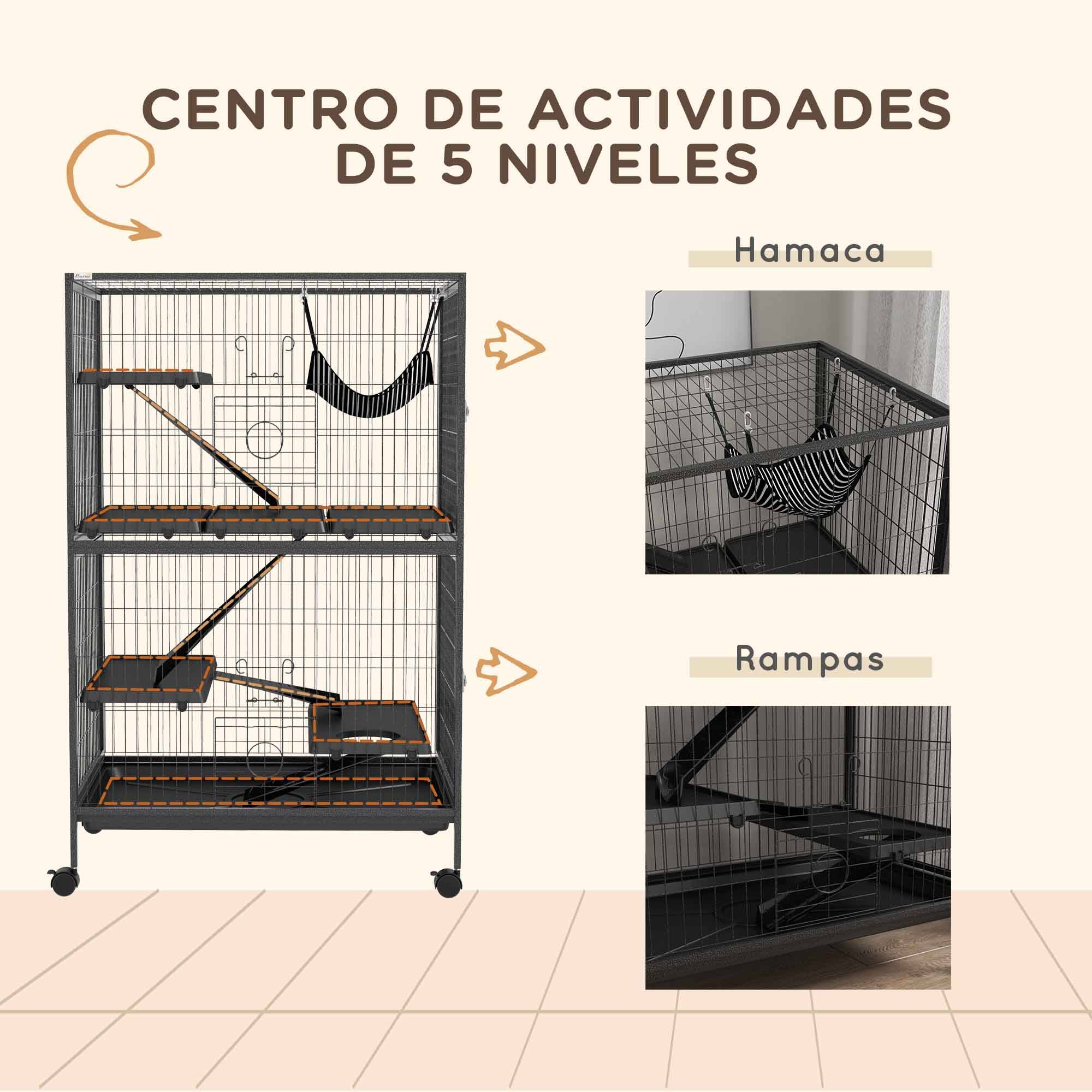 Cage pour petits animaux avec roues, rampes, hamac et bac amovible pour chinchillas, furets 80x52x128 cm Gris - Image 8