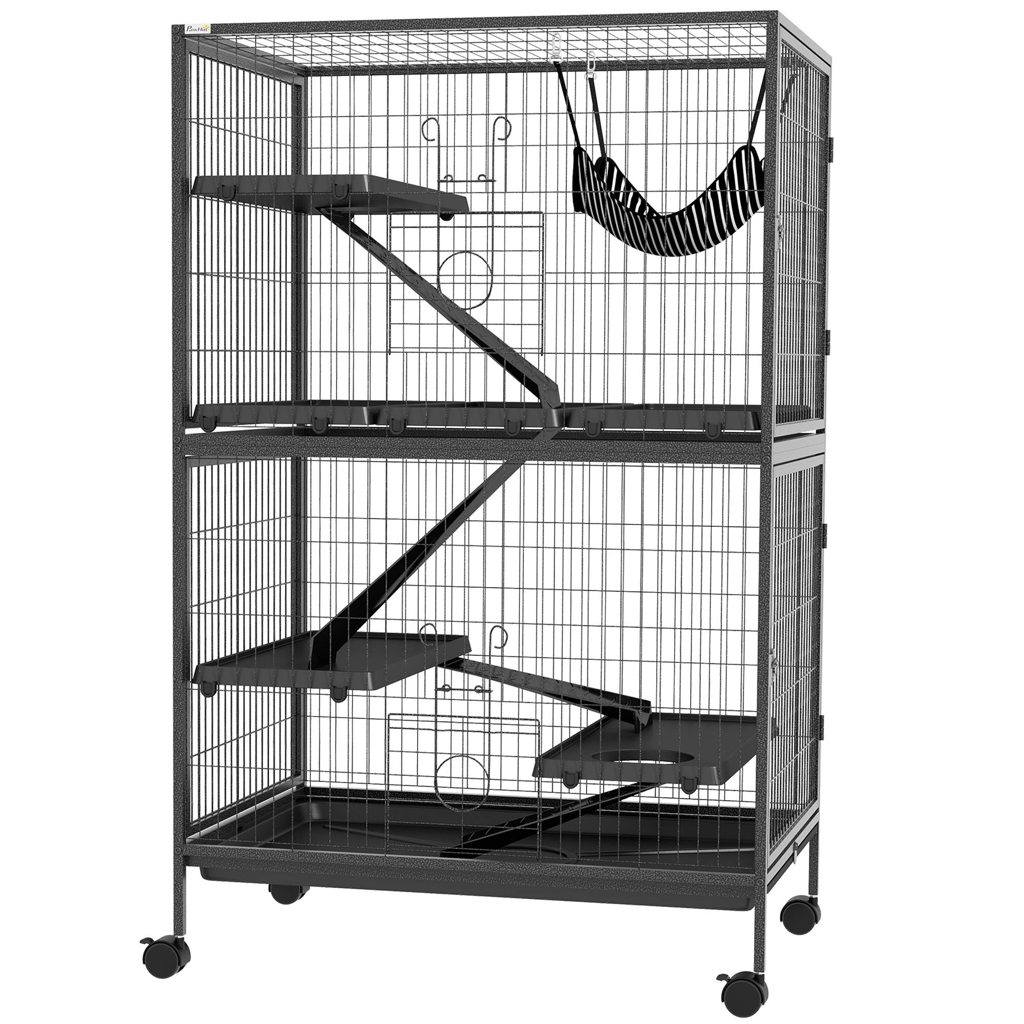 Cage pour petits animaux avec roues, rampes, hamac et bac amovible pour chinchillas, furets 80x52x128 cm Gris - Image 2
