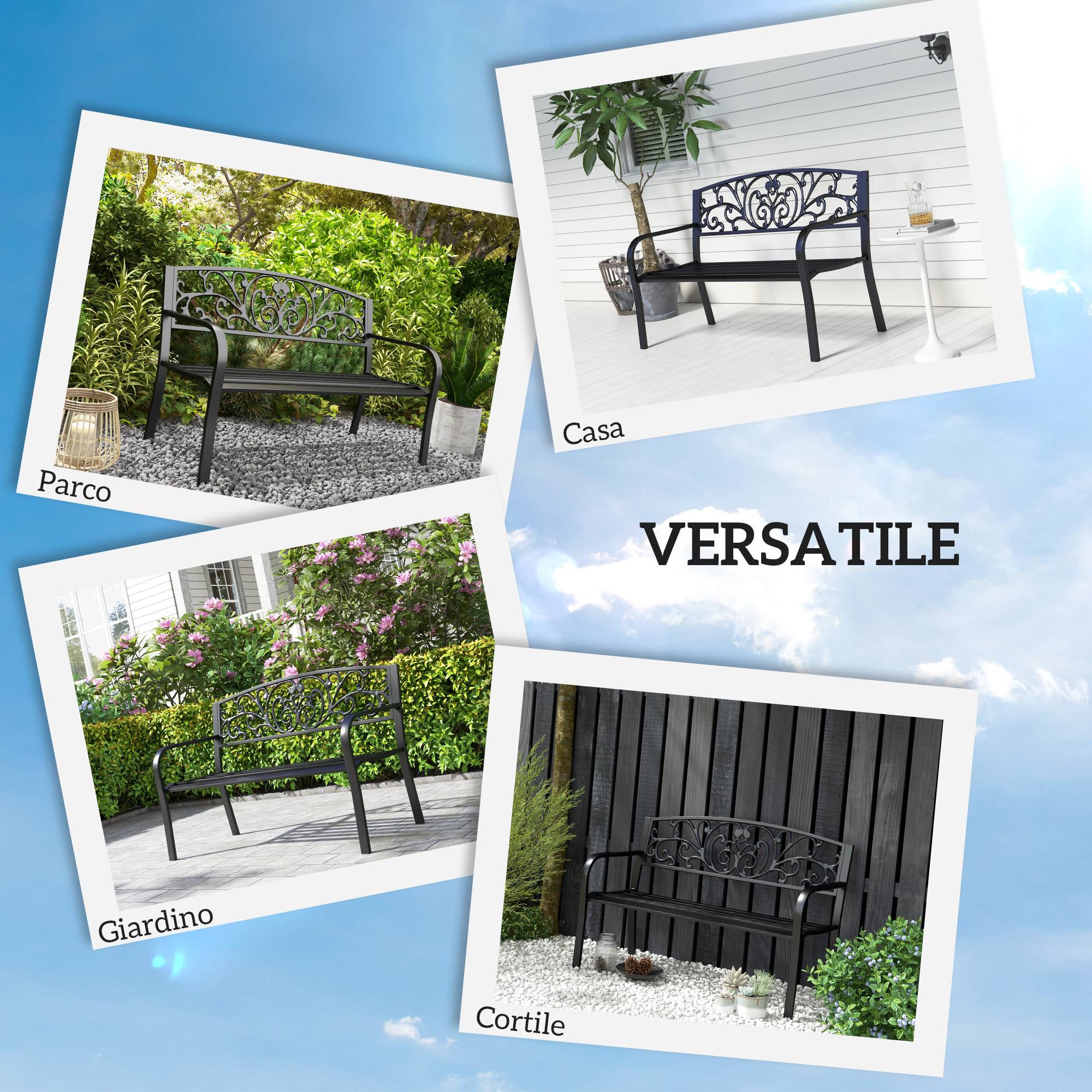 Banc de jardin métal fonte extérieur terrasse dossier floral 127x60x87cm noir - ComfortXL Outdoor Living - Image 8