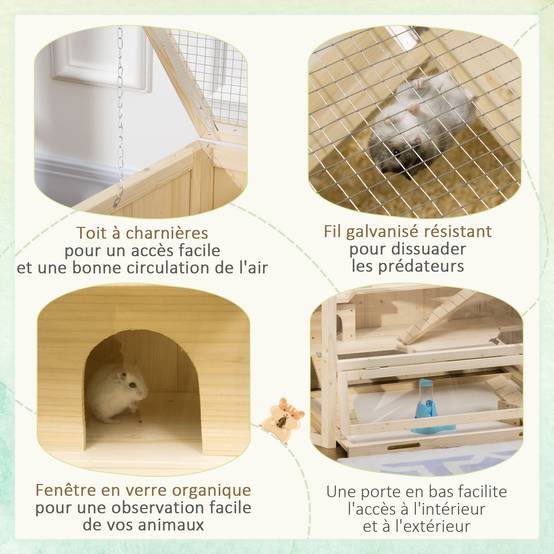 Cage hamster bois sapin rongeurs 3 niveaux accessoires 115x60cm bois naturel - ComfortXL Outdoor Living - Image 6