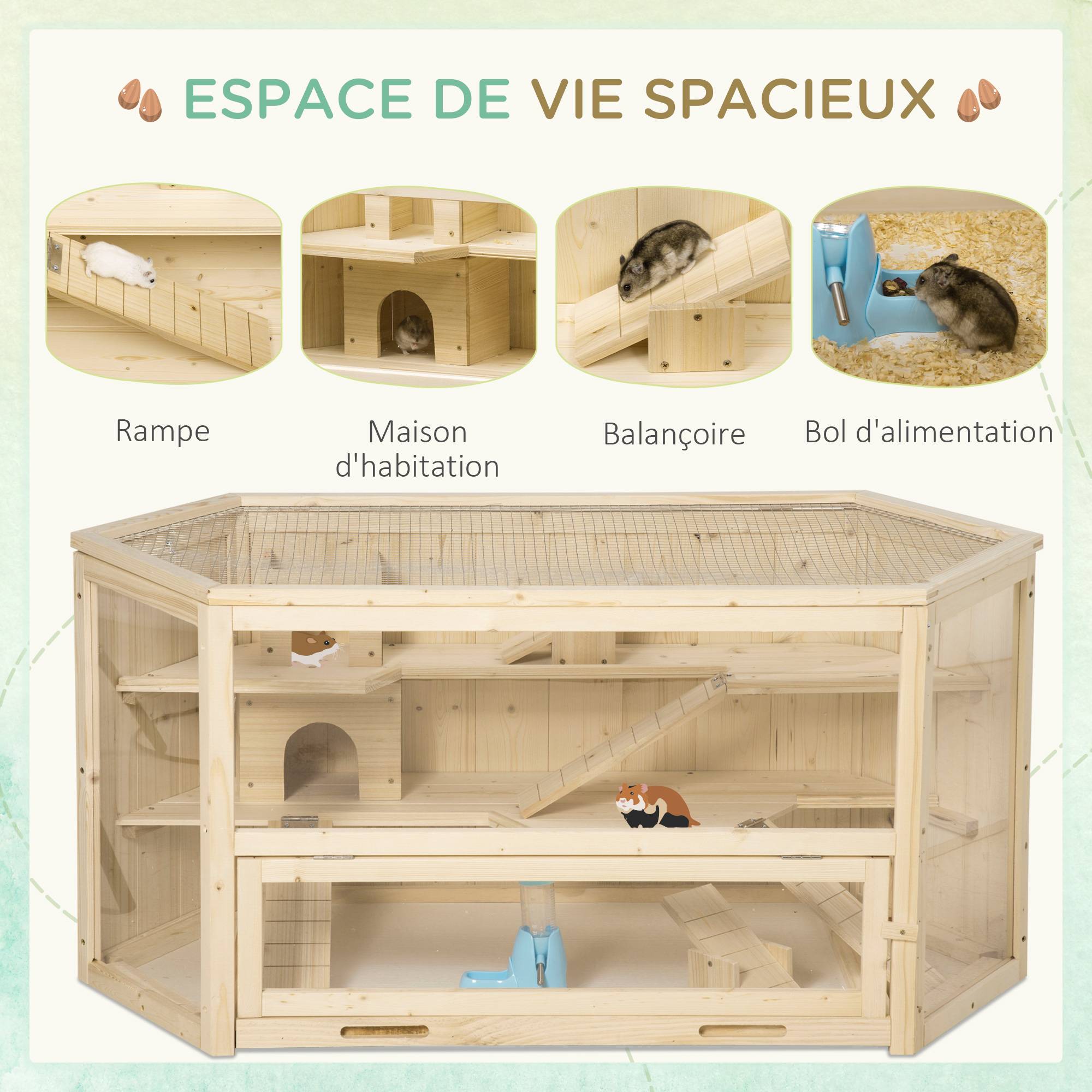 Cage hamster bois sapin rongeurs 3 niveaux accessoires 115x60cm bois naturel - ComfortXL Outdoor Living - Image 8