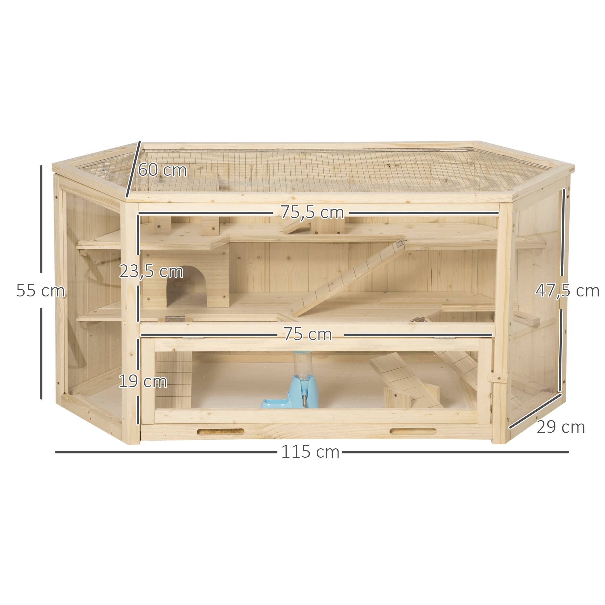 Cage hamster bois sapin rongeurs 3 niveaux accessoires 115x60cm bois naturel - ComfortXL Outdoor Living - Image 5