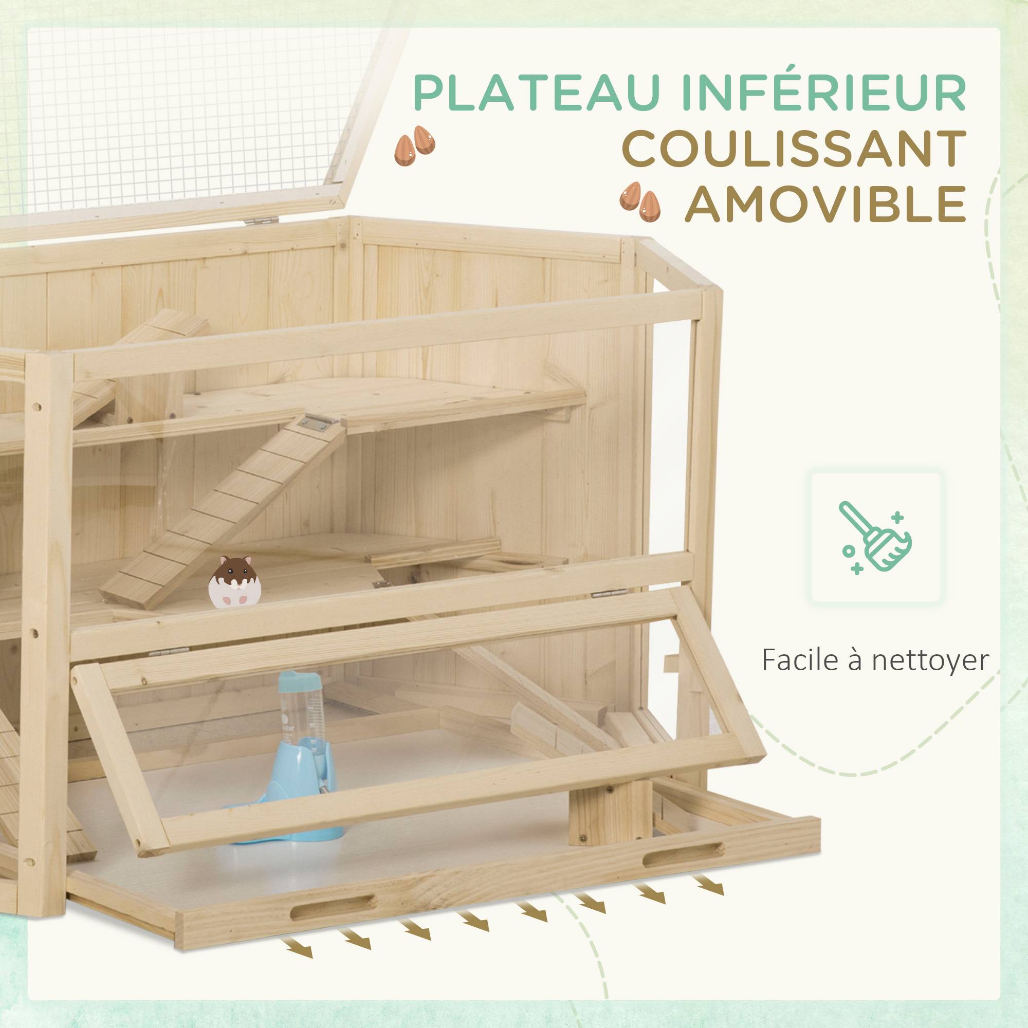 Cage hamster bois sapin rongeurs 3 niveaux accessoires 115x60cm bois naturel - ComfortXL Outdoor Living - Image 9