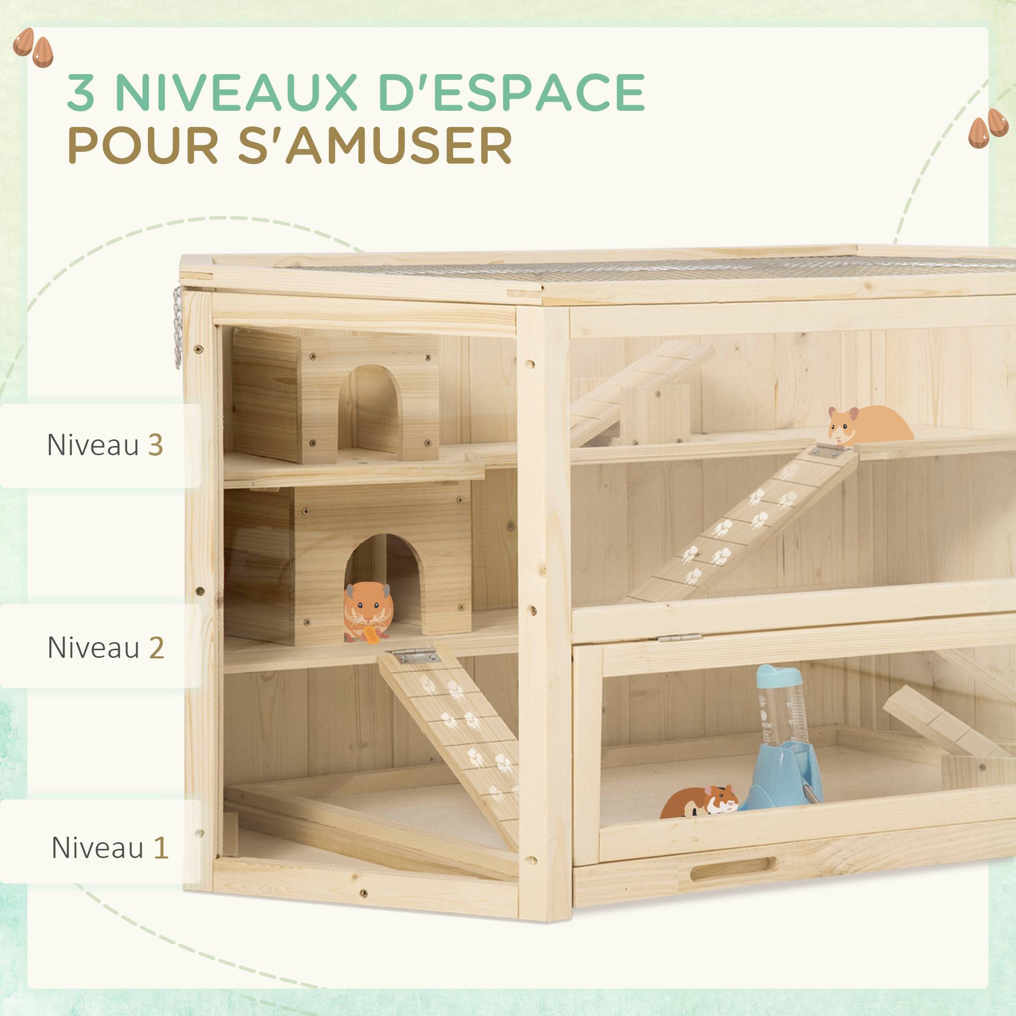 Cage hamster bois sapin rongeurs 3 niveaux accessoires 115x60cm bois naturel - ComfortXL Outdoor Living - Image 7