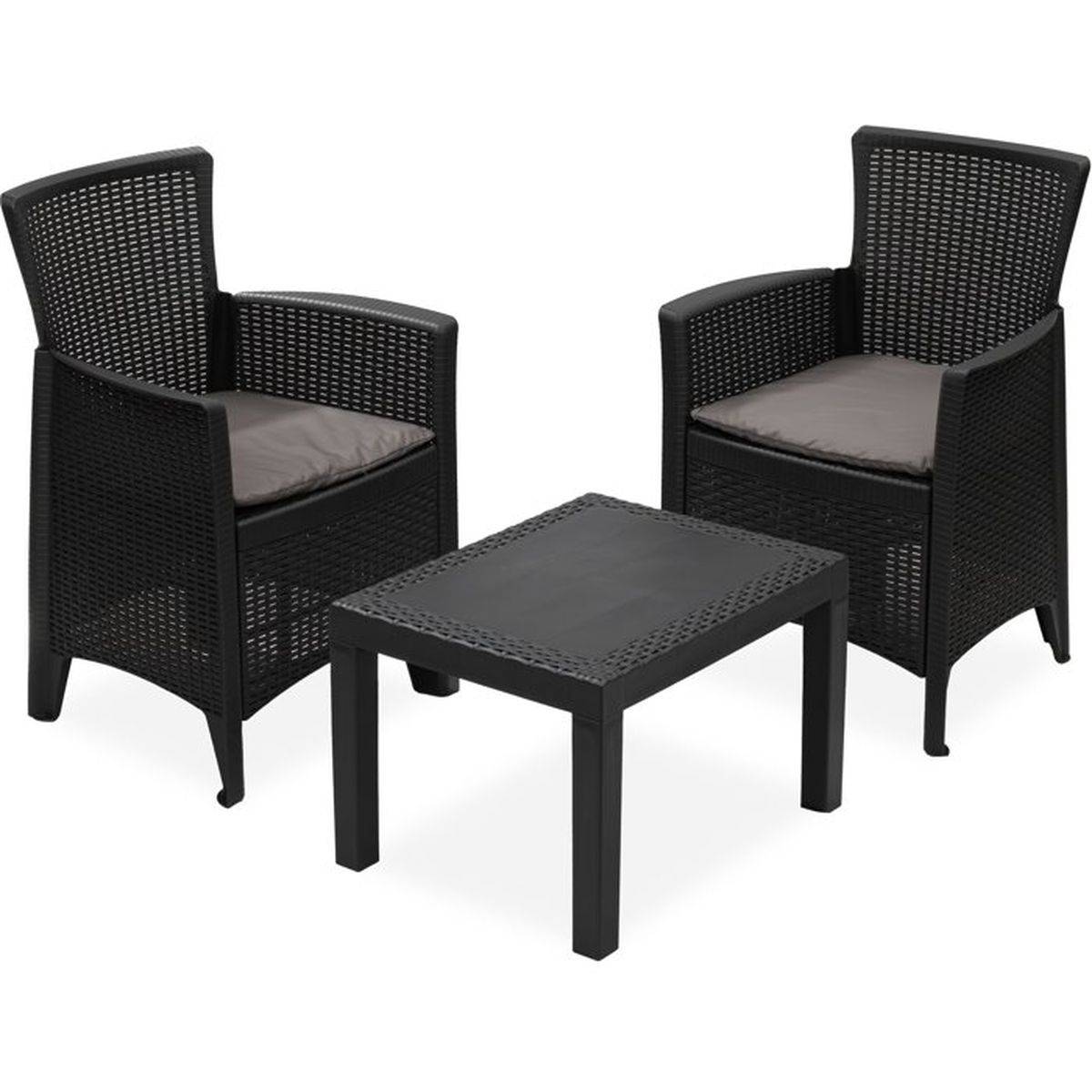 Salon bas de jardin Forest anthracite, 2 fauteuils avec coussins + table basse - IPAE PROGARDEN - Image 1