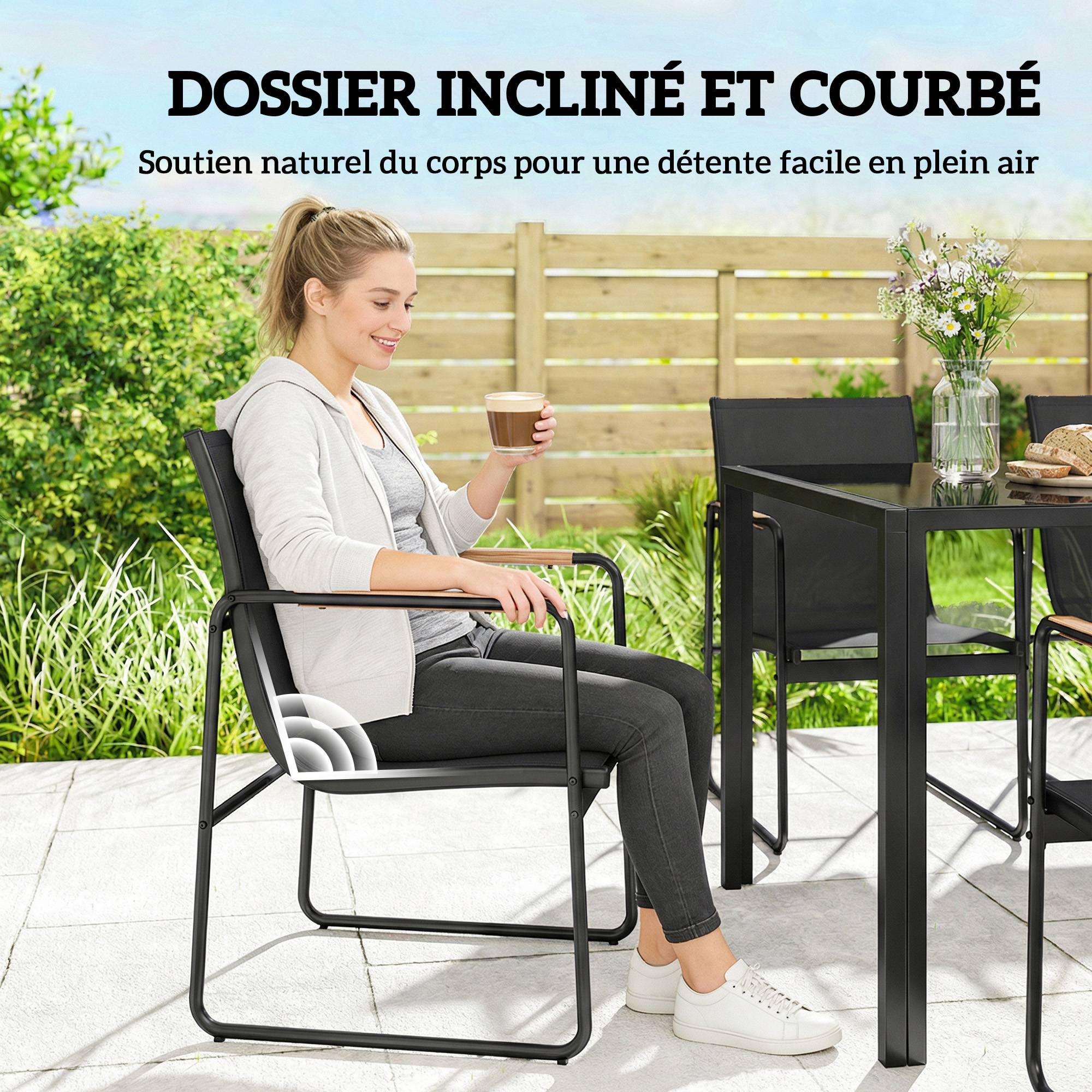 Ensemble de Salle à Manger d'Extérieur 7 Pièces, Table en Verre et Chaises avec Accoudoirs Décoratifs, Maille Résistante aux Intempéries, Noir - Image 7