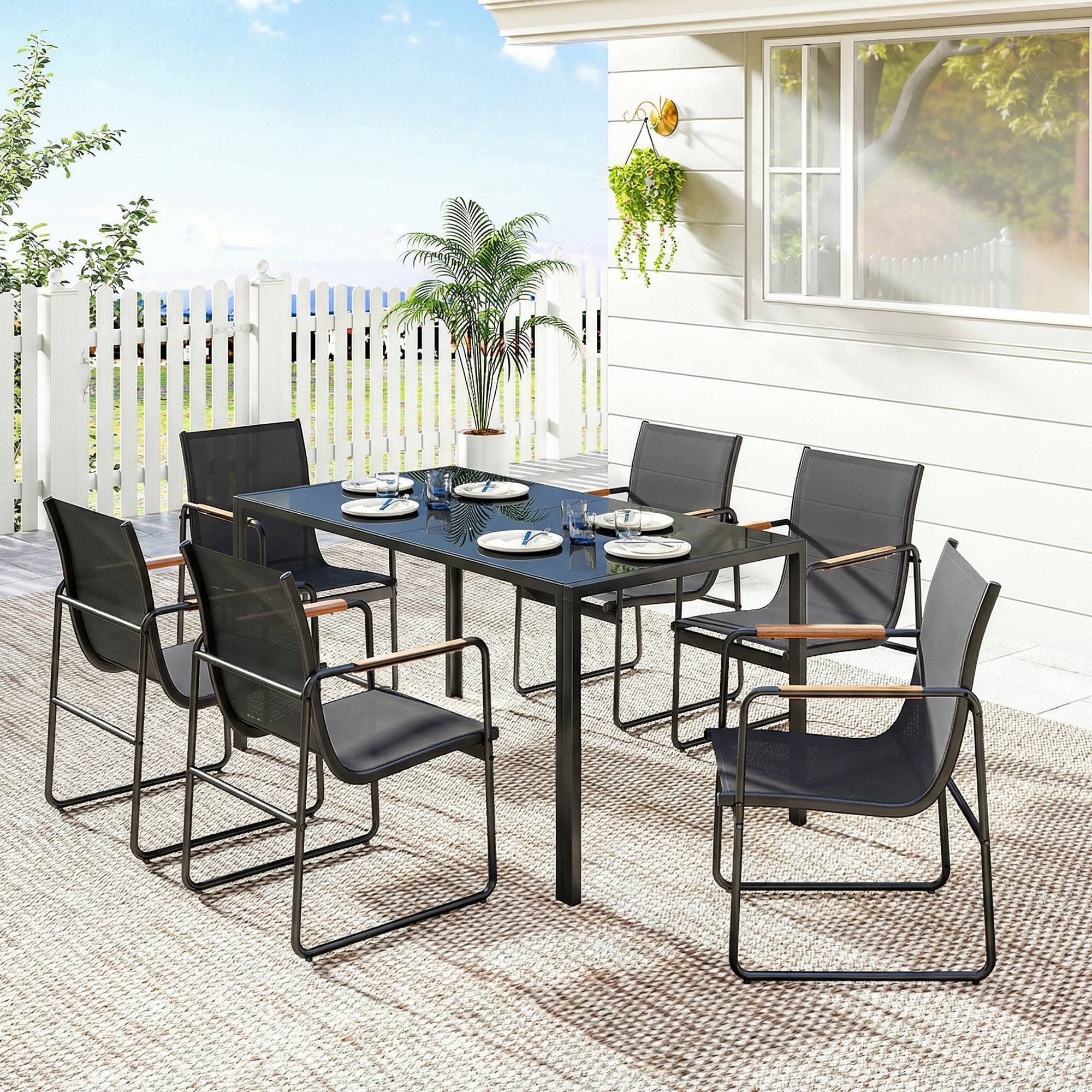 Ensemble de Salle à Manger d'Extérieur 7 Pièces, Table en Verre et Chaises avec Accoudoirs Décoratifs, Maille Résistante aux Intempéries, Noir - Image 4
