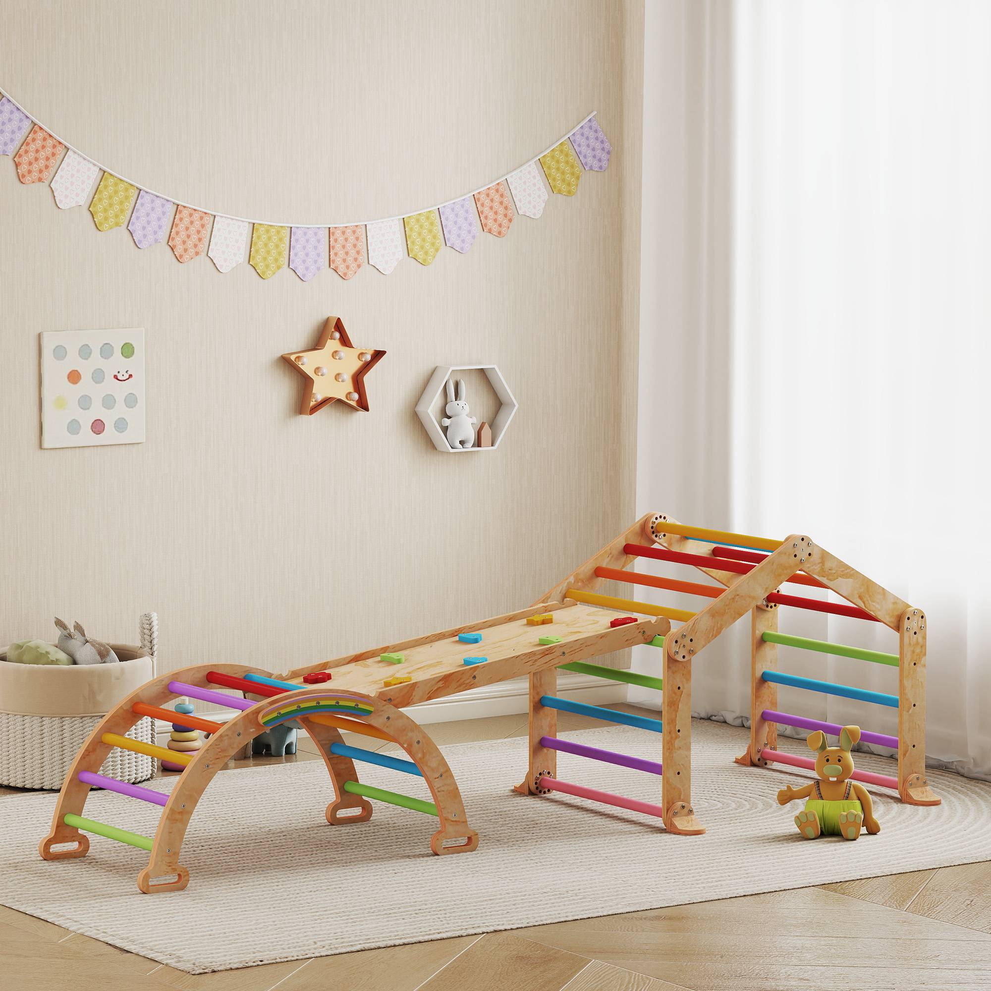 Triangle d'escalade enfant avec rampe réversible toboggan bascule et structure d'escalade multicolore - Image 4