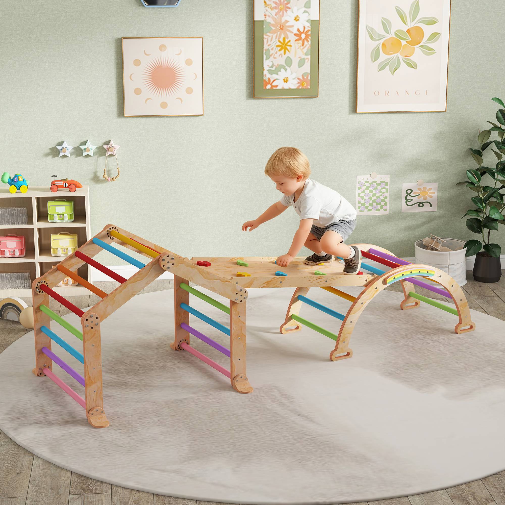 Triangle d'escalade enfant avec rampe réversible toboggan bascule et structure d'escalade multicolore - Image 3