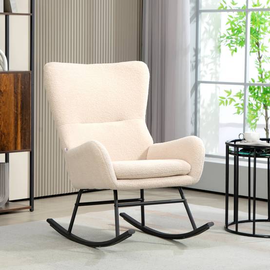 Fauteuil à bascule, chaise à bascule, avec assise de 10 cm d'épaisseur, pieds incurvés en acier, beige et noir - Image 3