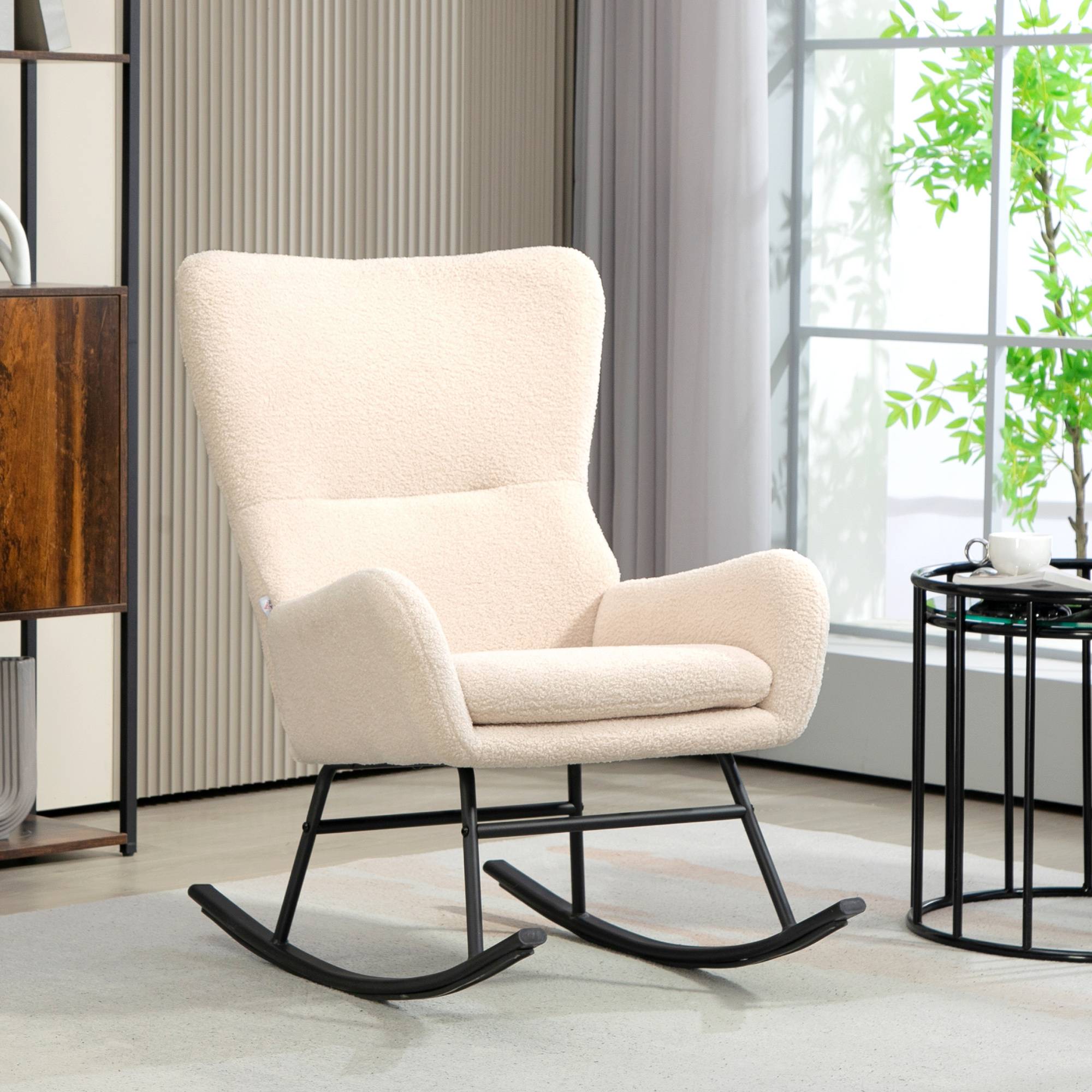 Fauteuil à bascule, chaise à bascule, avec assise de 10 cm d'épaisseur, pieds incurvés en acier, beige et noir - Image 3