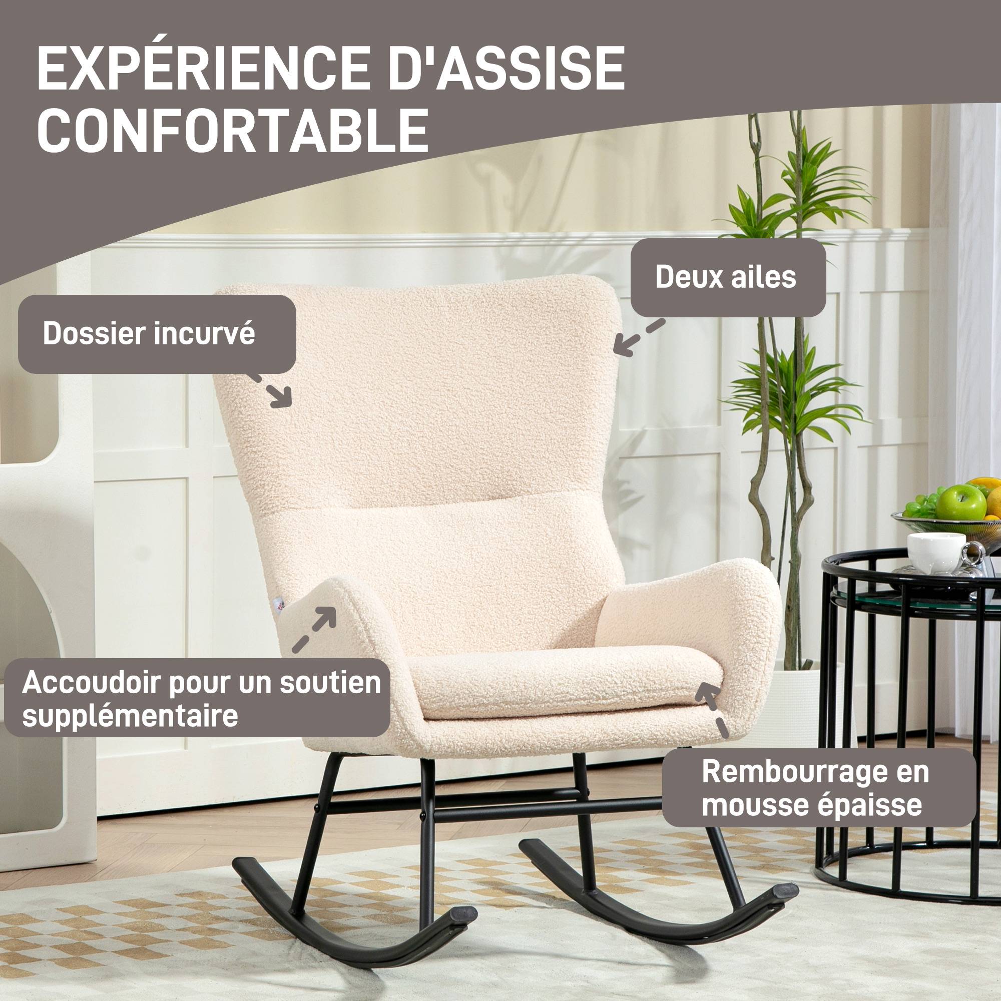 Fauteuil à bascule, chaise à bascule, avec assise de 10 cm d'épaisseur, pieds incurvés en acier, beige et noir - Image 7