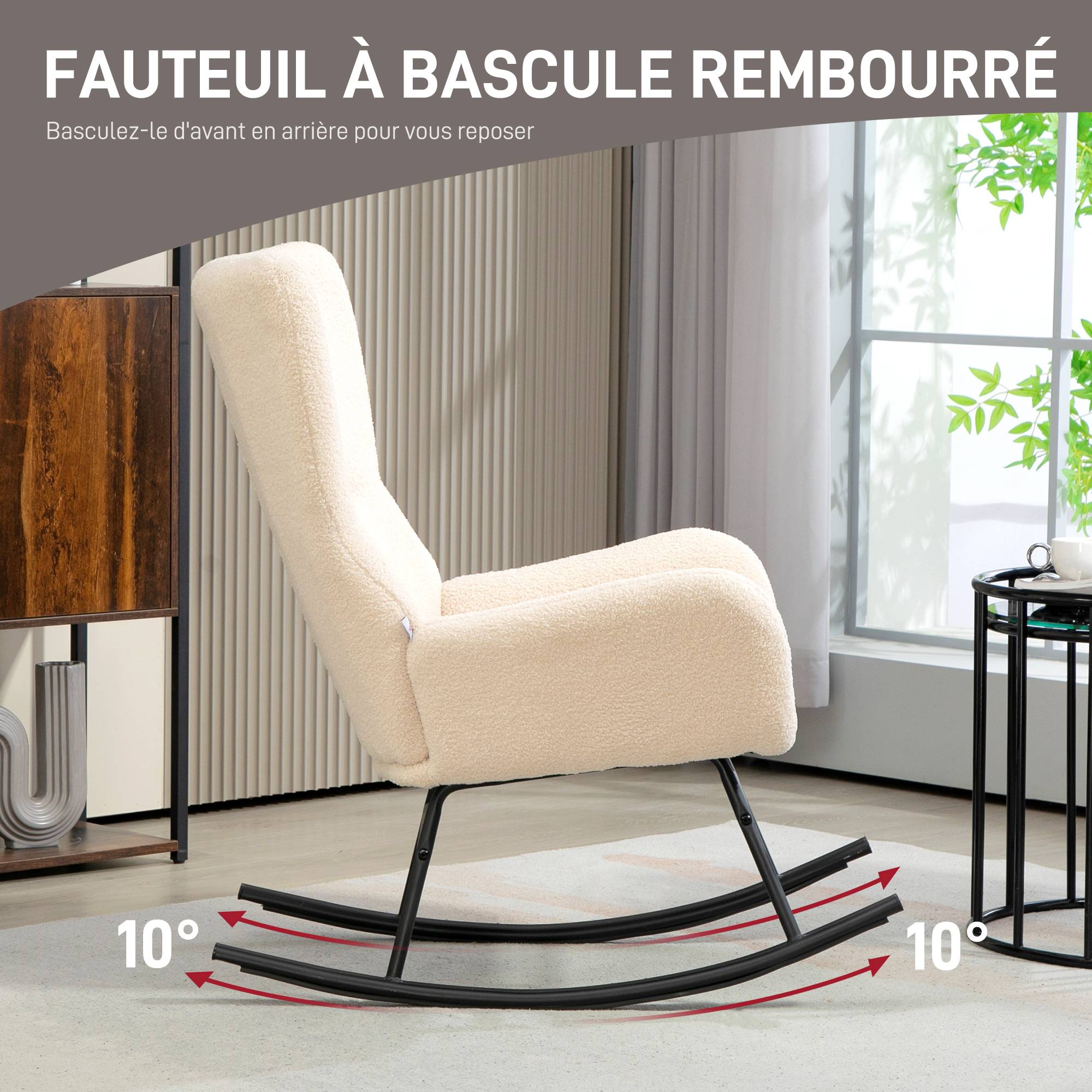 Fauteuil à bascule, chaise à bascule, avec assise de 10 cm d'épaisseur, pieds incurvés en acier, beige et noir - Image 6