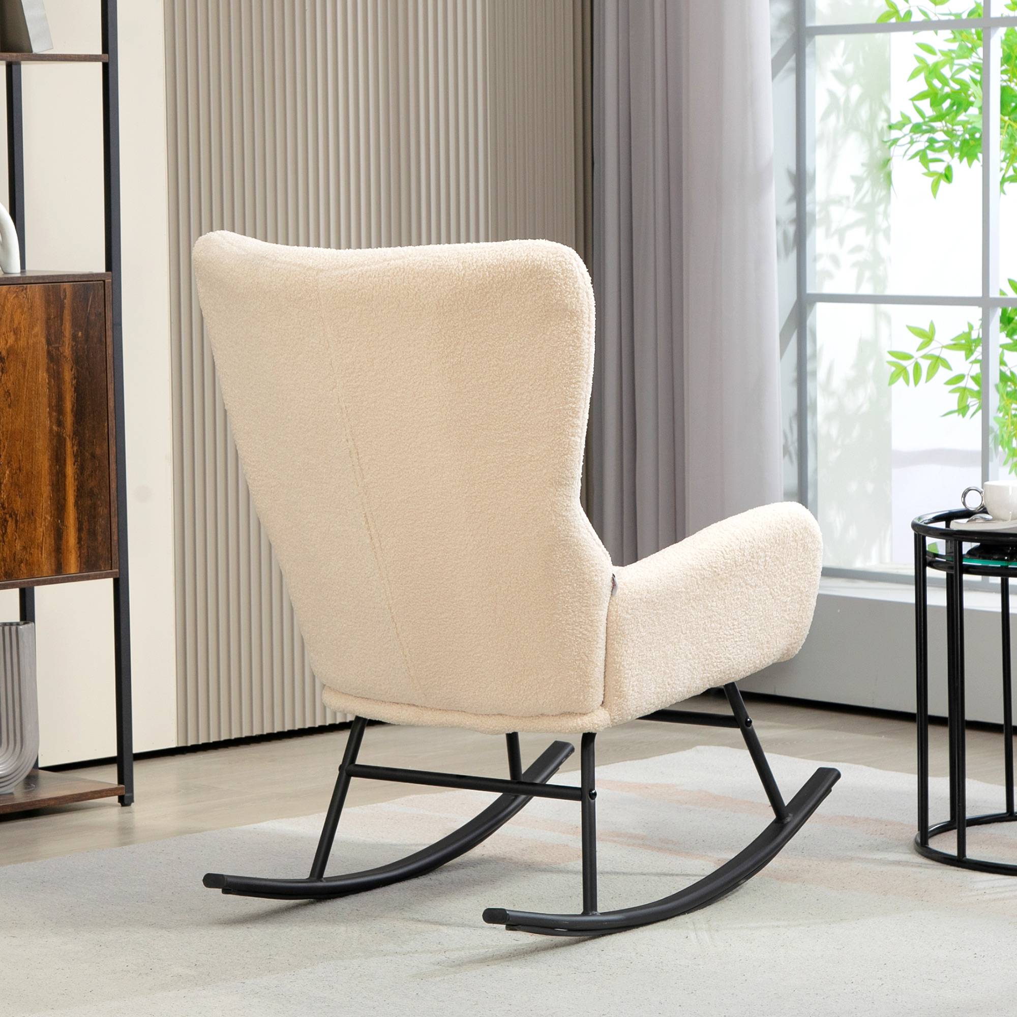 Fauteuil à bascule, chaise à bascule, avec assise de 10 cm d'épaisseur, pieds incurvés en acier, beige et noir - Image 9